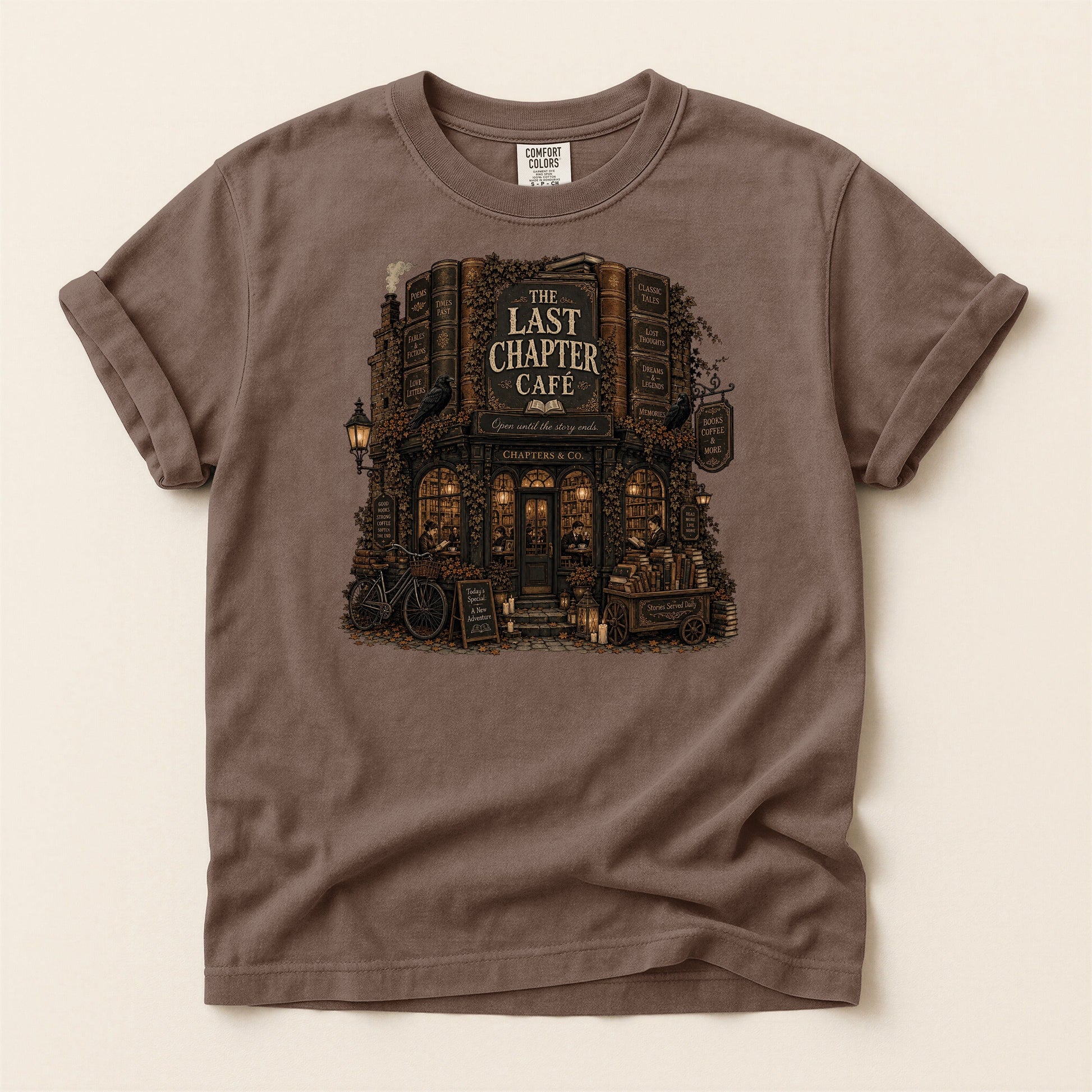 The Last Chapter Cafe bookish tee in Espresso, full flat