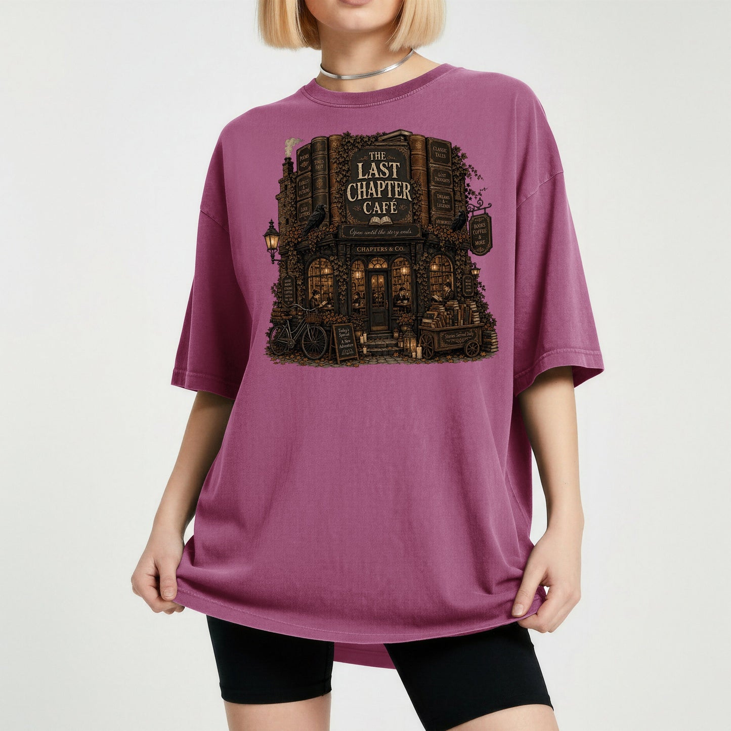 The Last Chapter Cafe bookish tee in Berry, worn