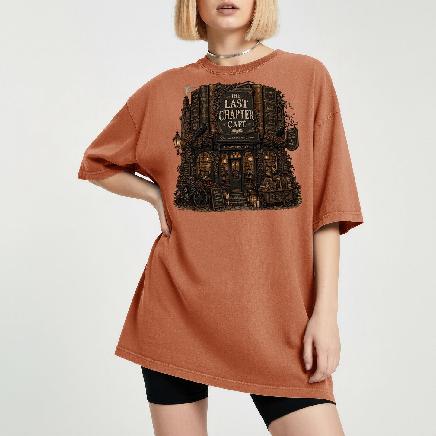 The Last Chapter Cafe bookish tee in Yam, worn