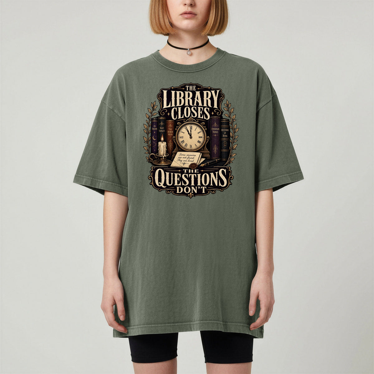 Shelf Love Studio The Library Closes t-shirt in Moss, worn