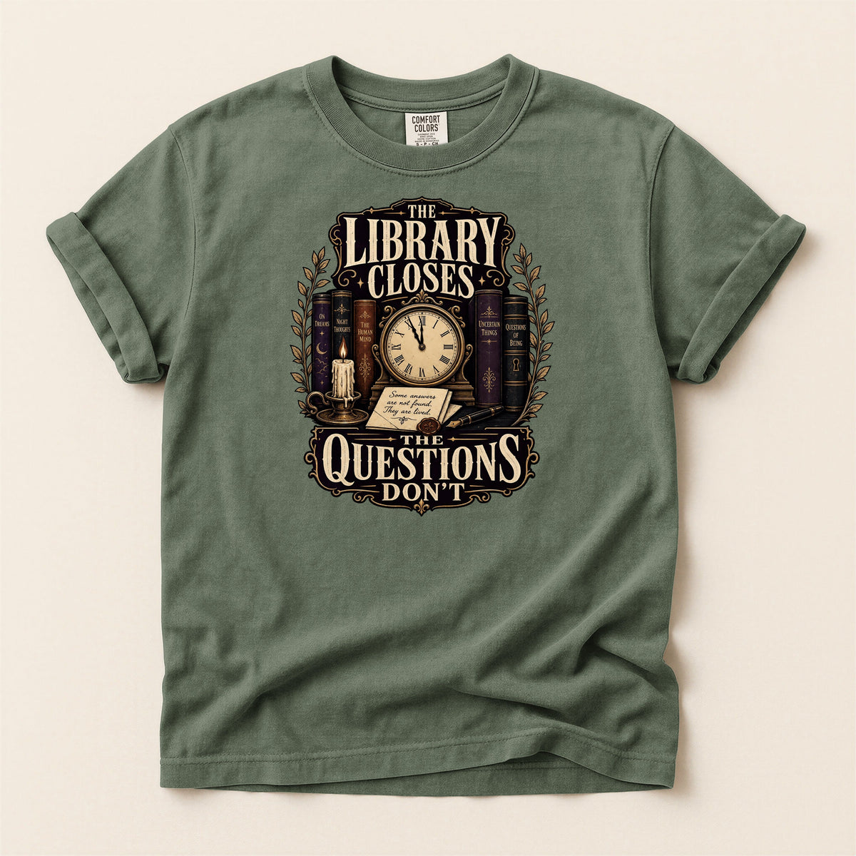 Shelf Love Studio The Library Closes t-shirt in Moss, flat