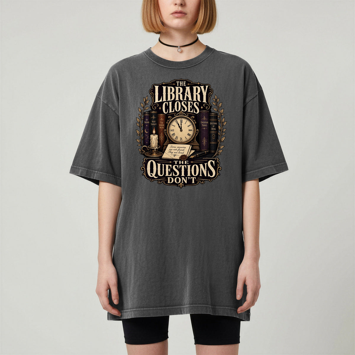 Shelf Love Studio The Library Closes t-shirt in Pepper, worn