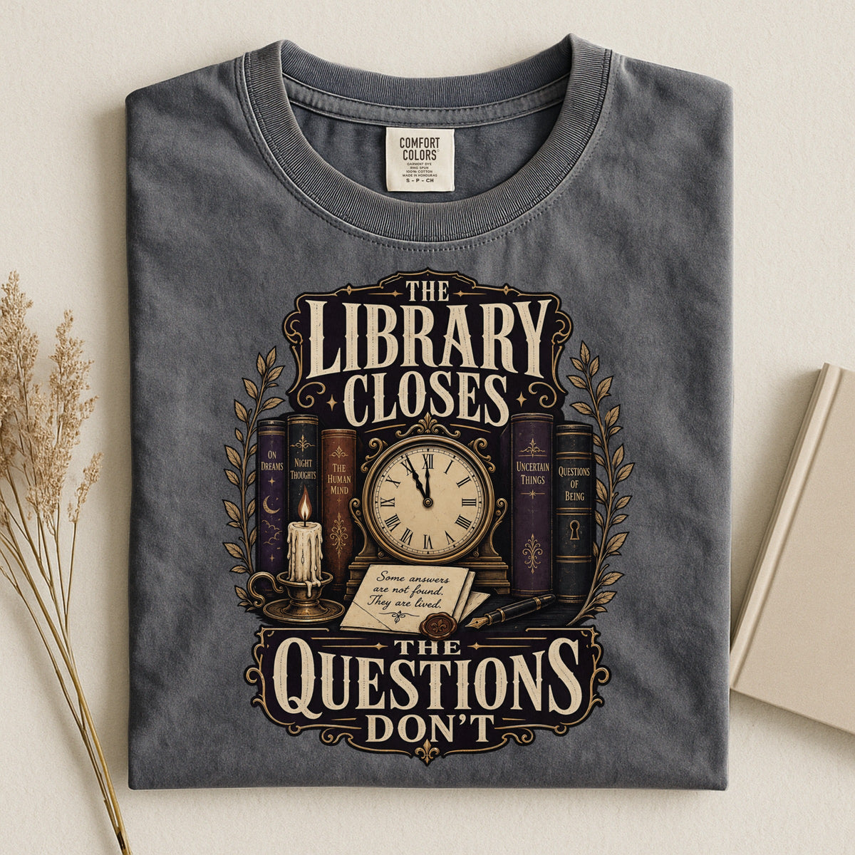 Shelf Love Studio The Library Closes t-shirt in Pepper, styled flat lay