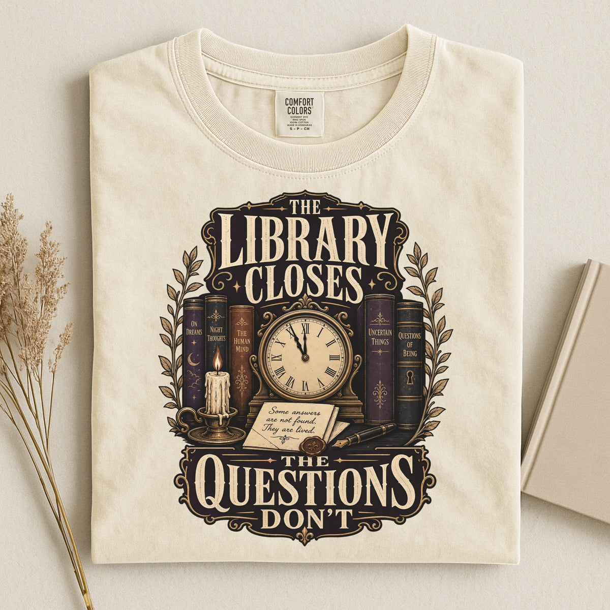 Shelf Love Studio The Library Closes t-shirt in Ivory, styled flat lay