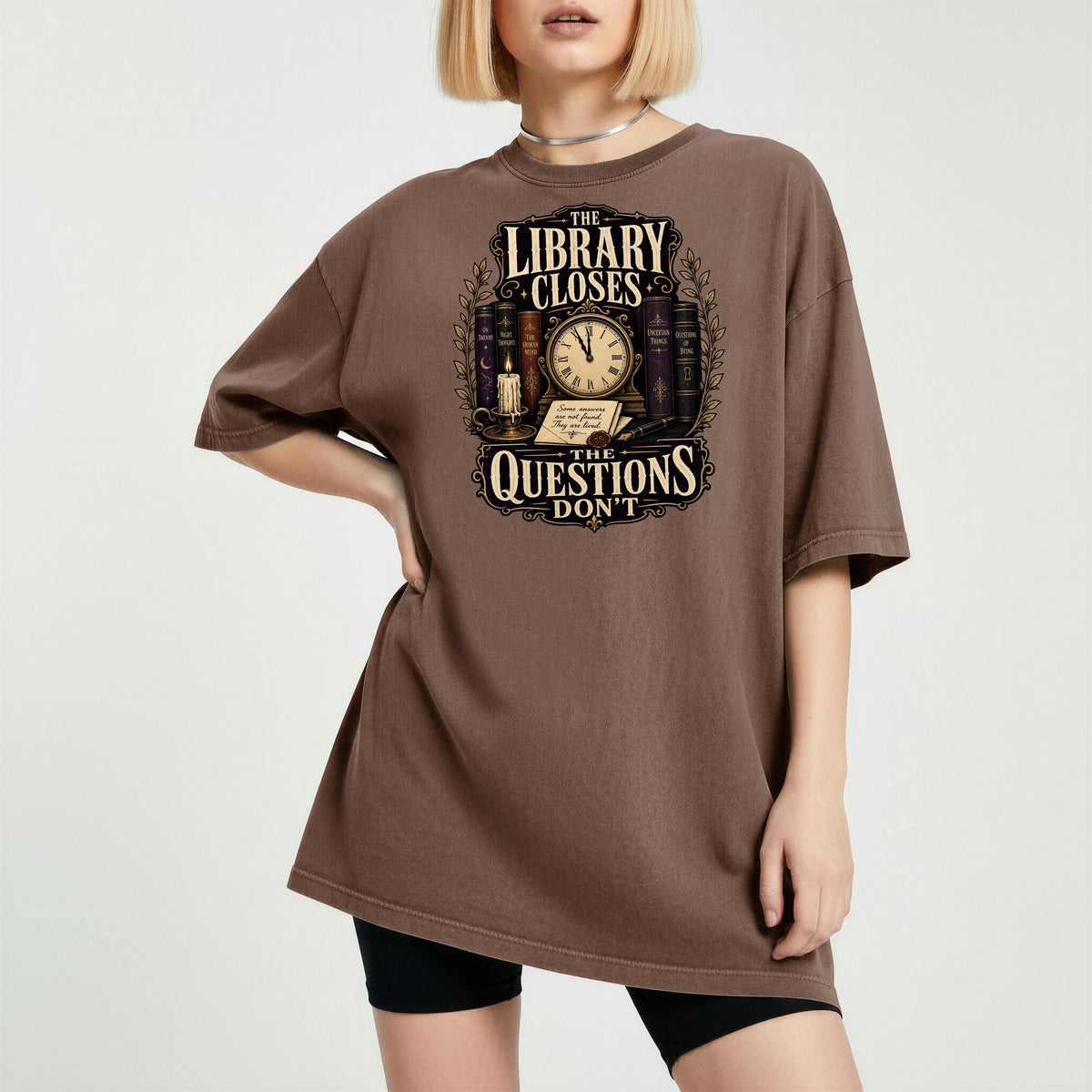 Shelf Love Studio The Library Closes t-shirt in Espresso, worn