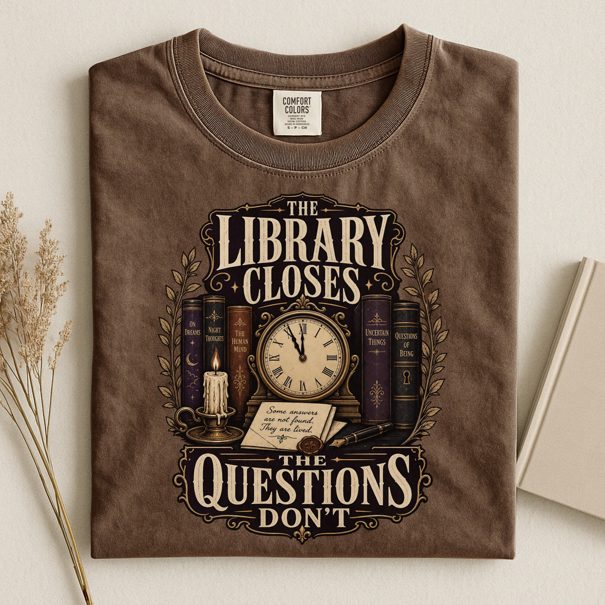 Shelf Love Studio The Library Closes t-shirt in Espresso, styled flat lay