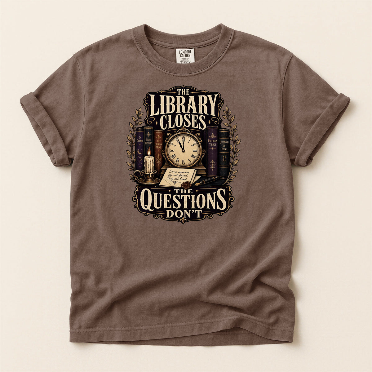 Shelf Love Studio The Library Closes t-shirt in Espresso, flat