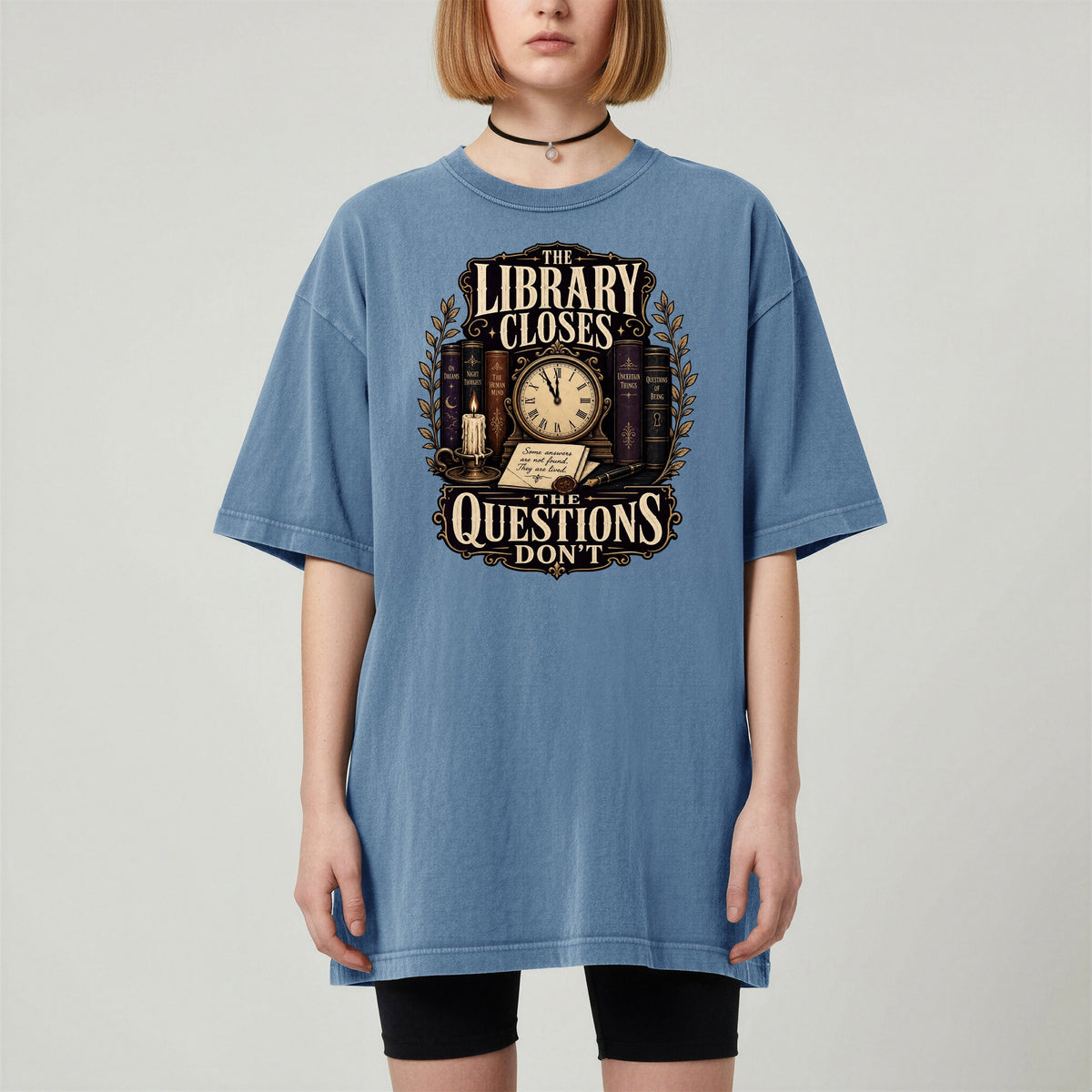 Shelf Love Studio The Library Closes t-shirt in Blue Jean, worn