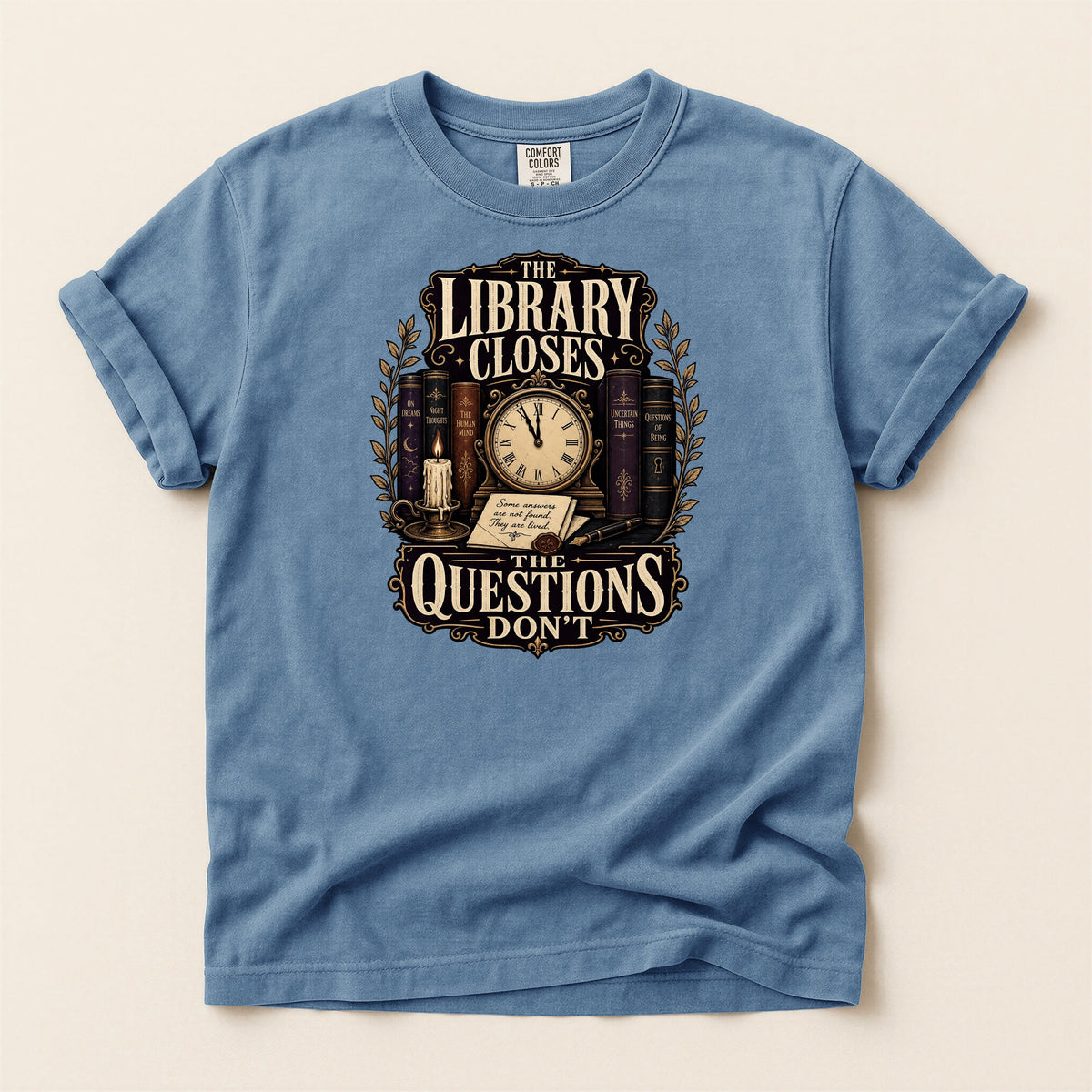 Shelf Love Studio The Library Closes t-shirt in Blue Jean, flat