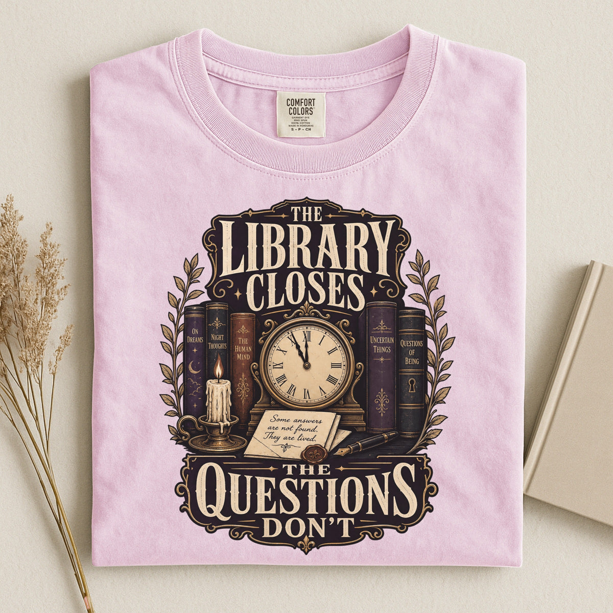 Shelf Love Studio The Library Closes t-shirt in Blossom, styled flat lay