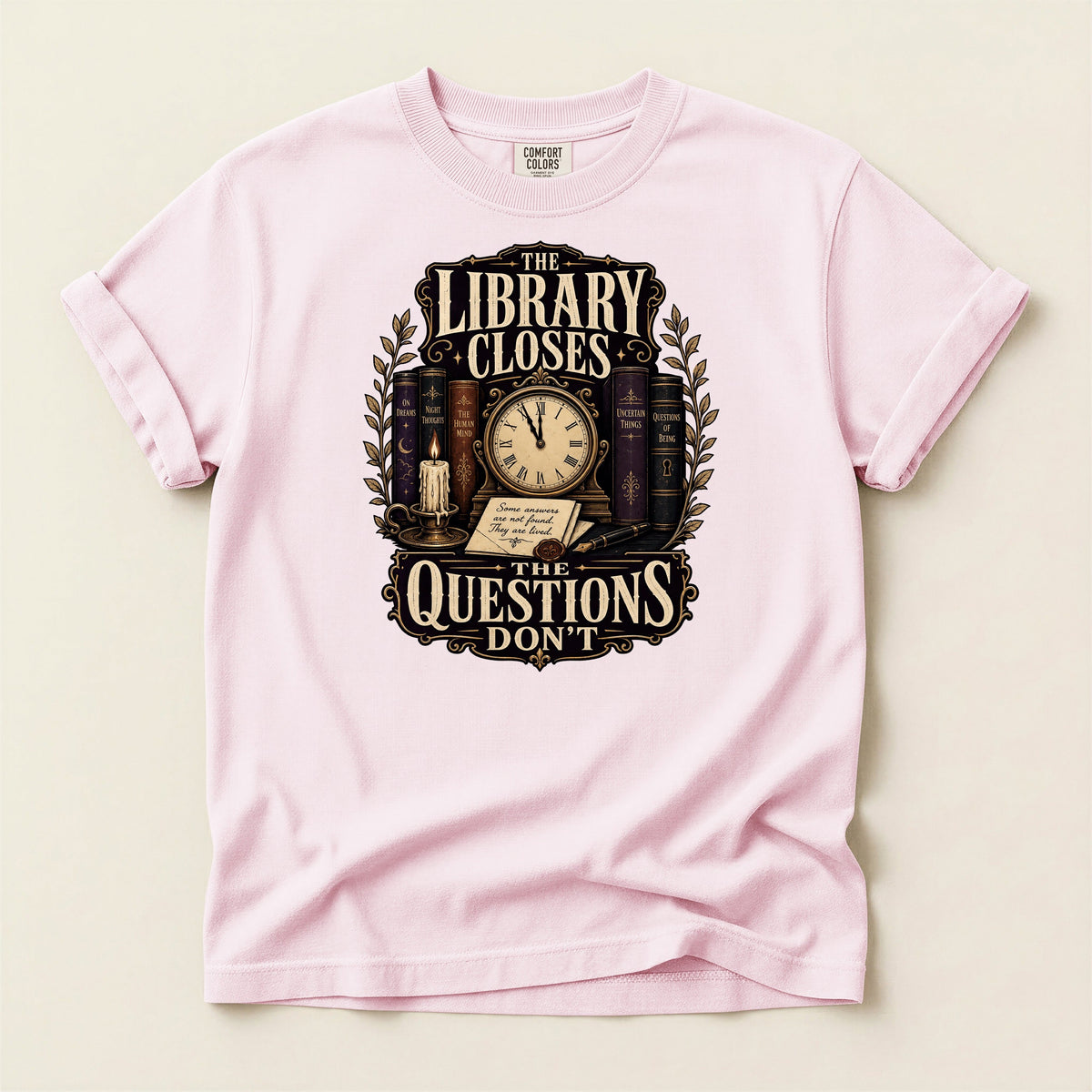 Shelf Love Studio The Library Closes t-shirt in Blossom, flat