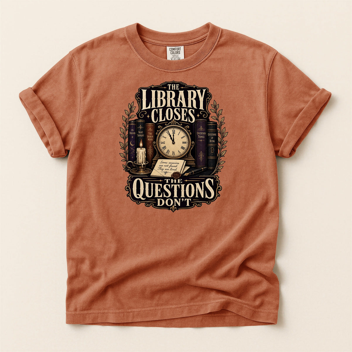 Shelf Love Studio The Library Closes t-shirt in Yam, flat