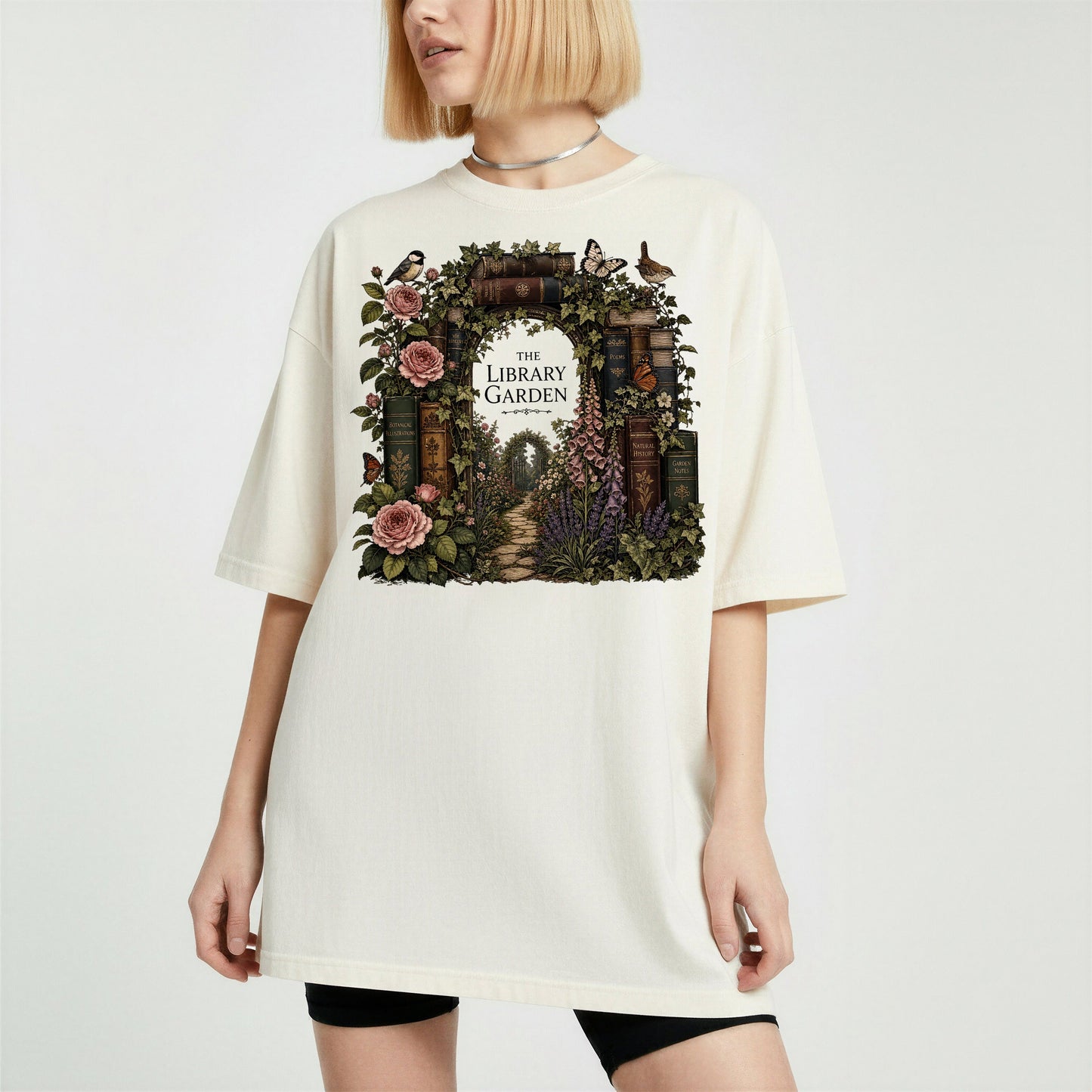 The Library Garden bookish tee in Ivory, worn