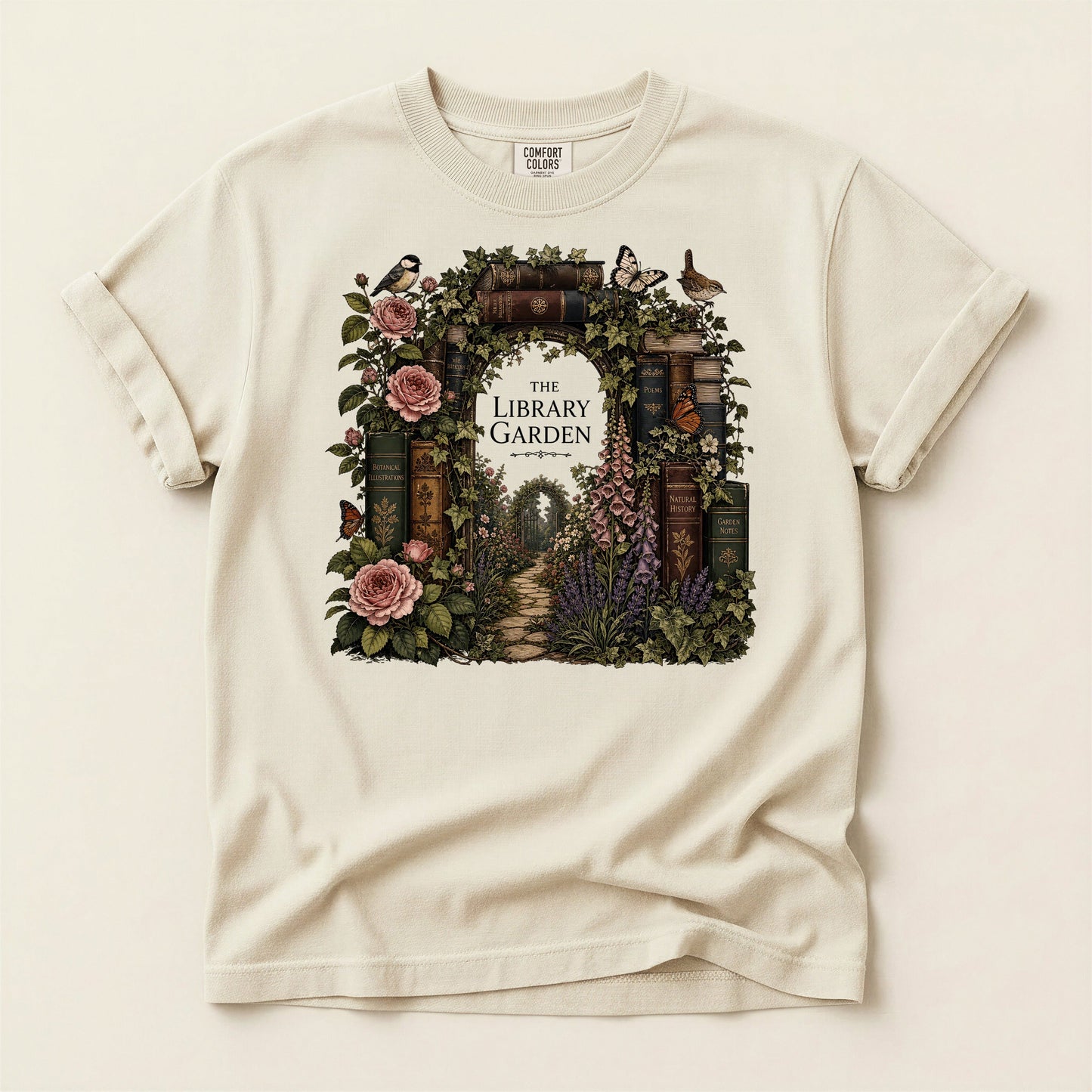 The Library Garden bookish tee in Ivory, full flat