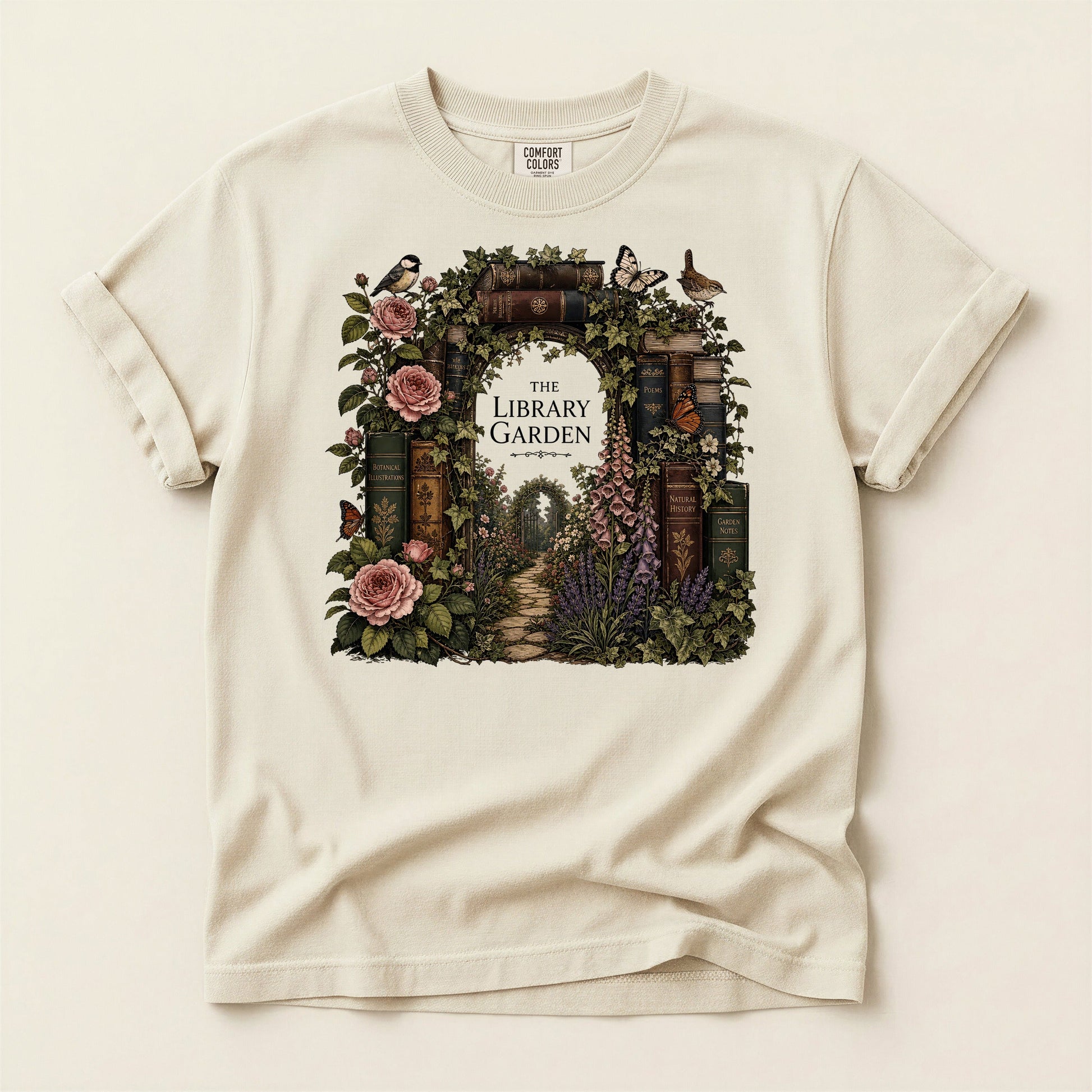 The Library Garden bookish tee in Ivory, full flat