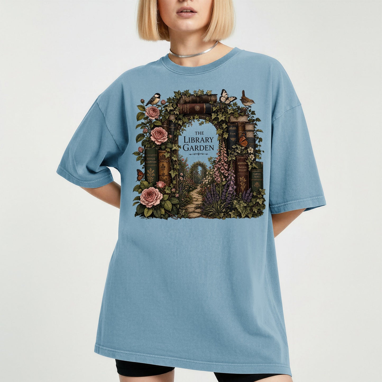 The Library Garden bookish tee in Ice Blue, worn
