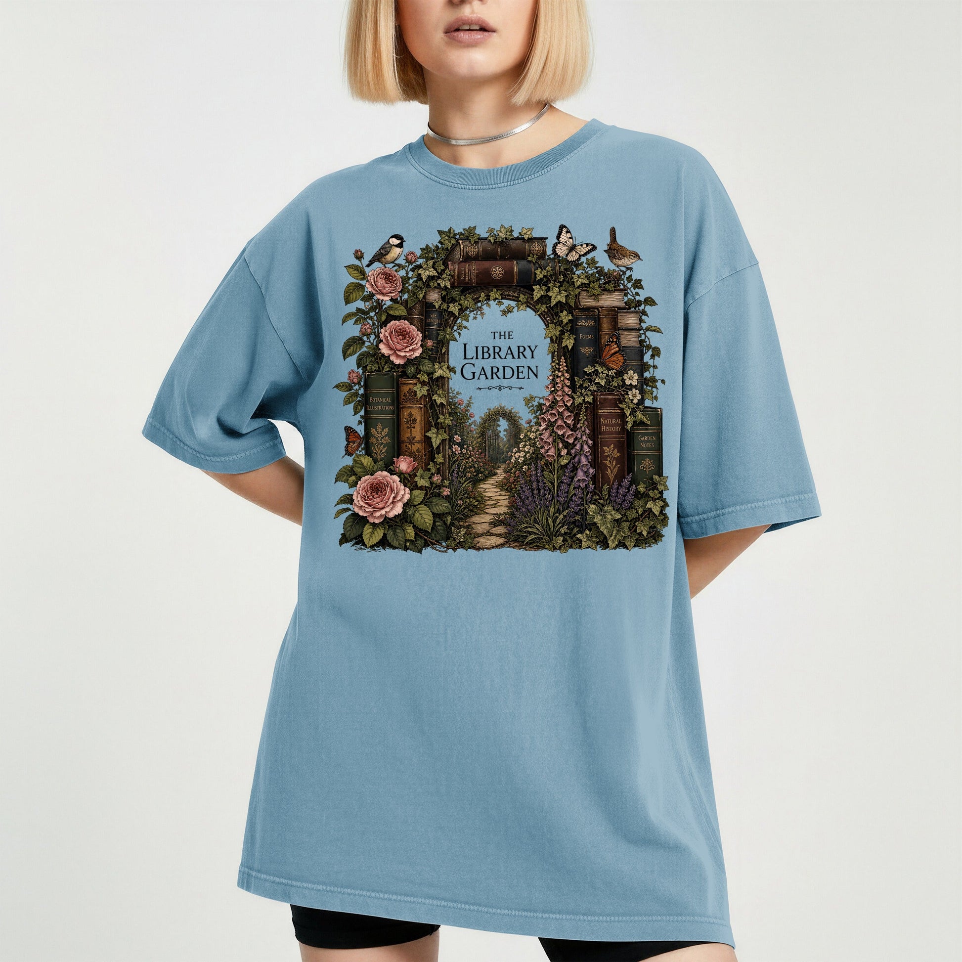 The Library Garden bookish tee in Ice Blue, worn