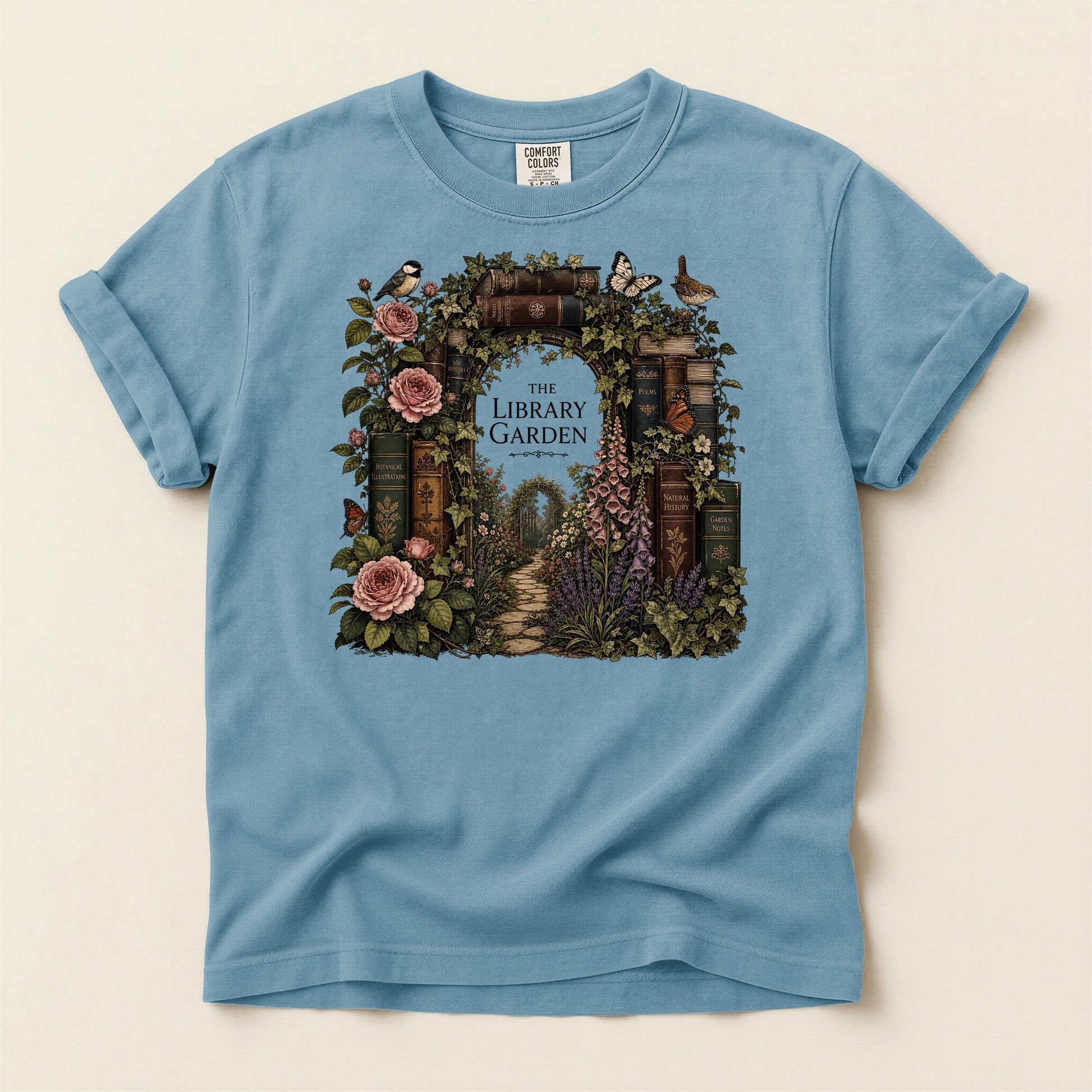 The Library Garden bookish tee in Ice Blue, full flat