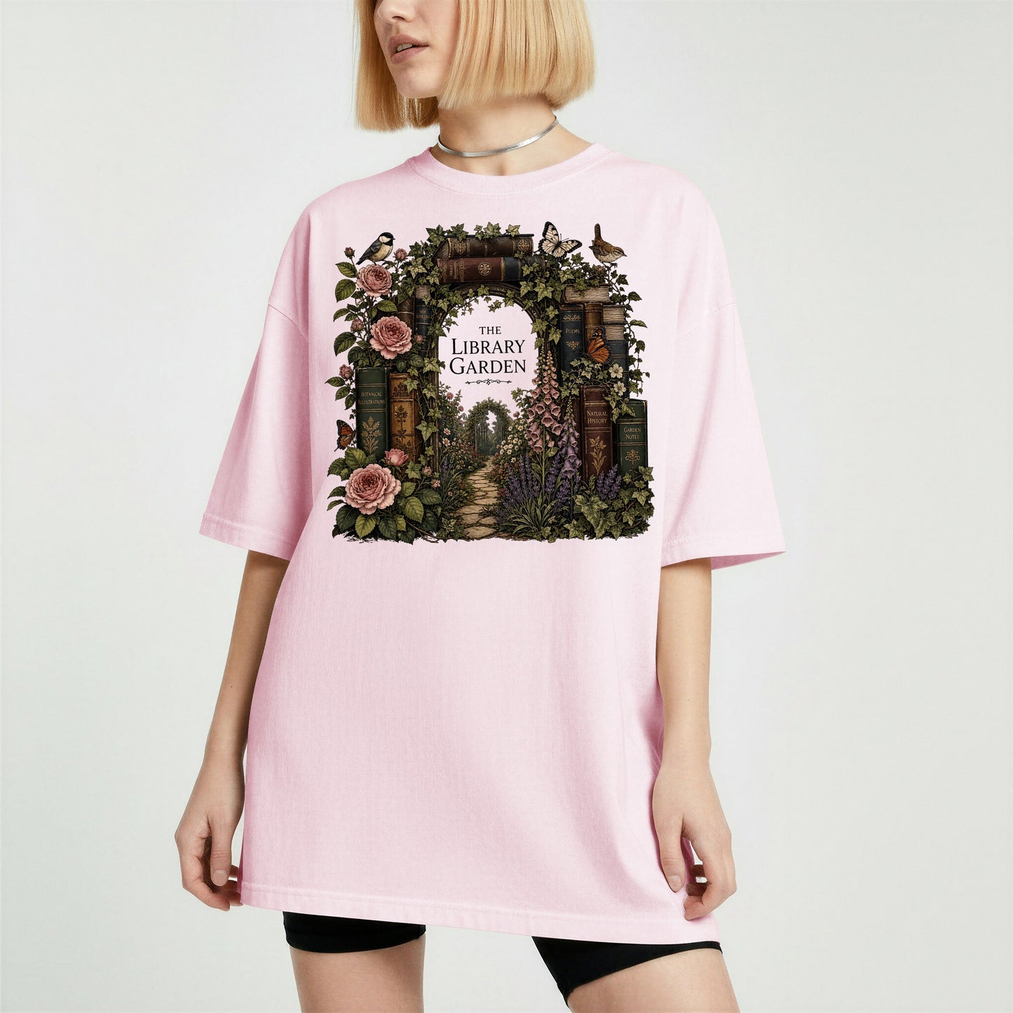 The Library Garden bookish tee in Blossom, worn