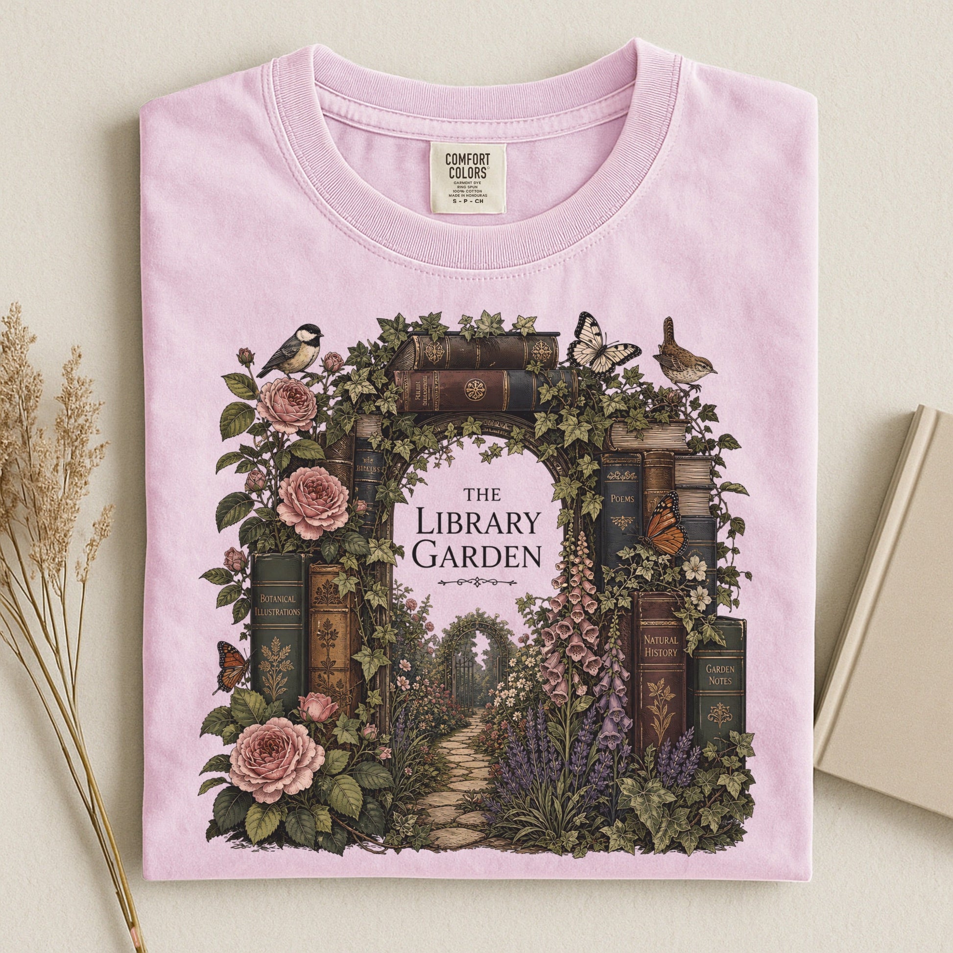 The Library Garden bookish tee in Blossom, flat lay