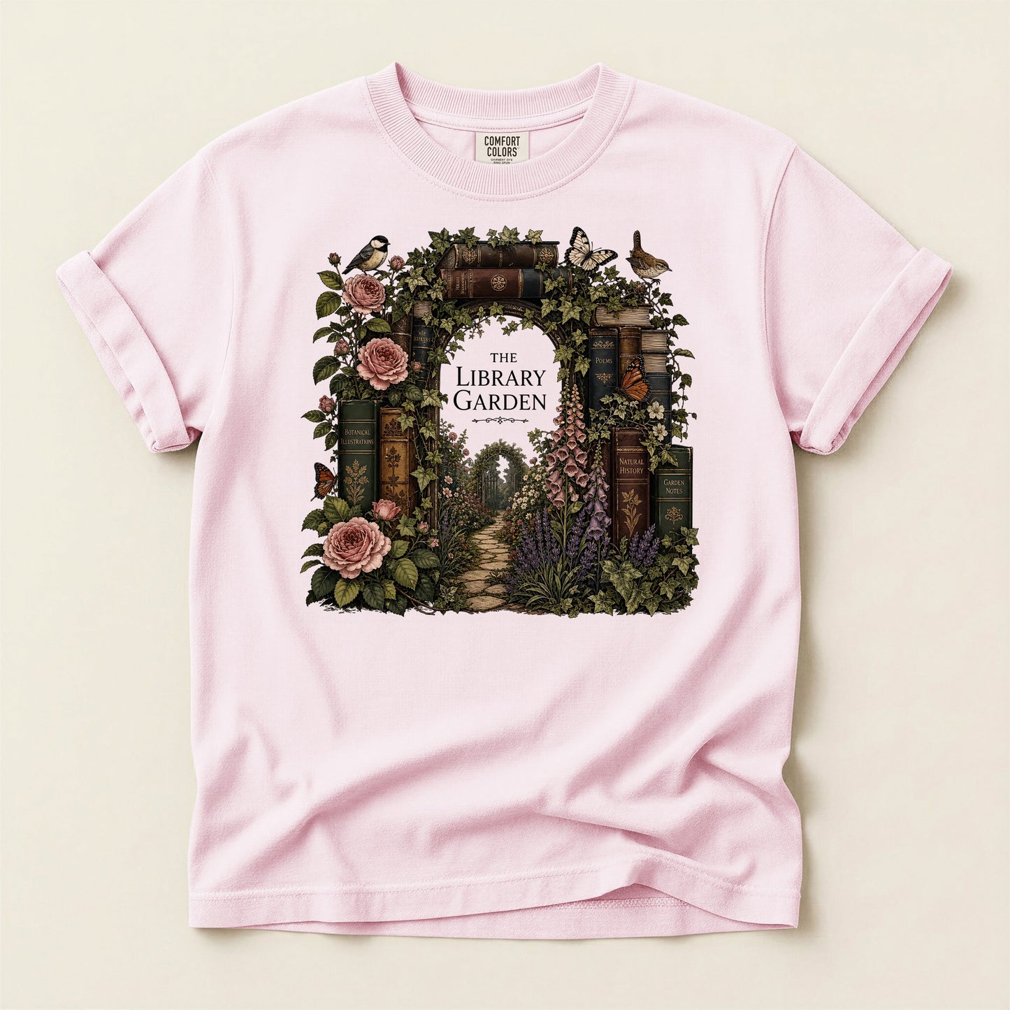 The Library Garden bookish tee in Blossom, full flat