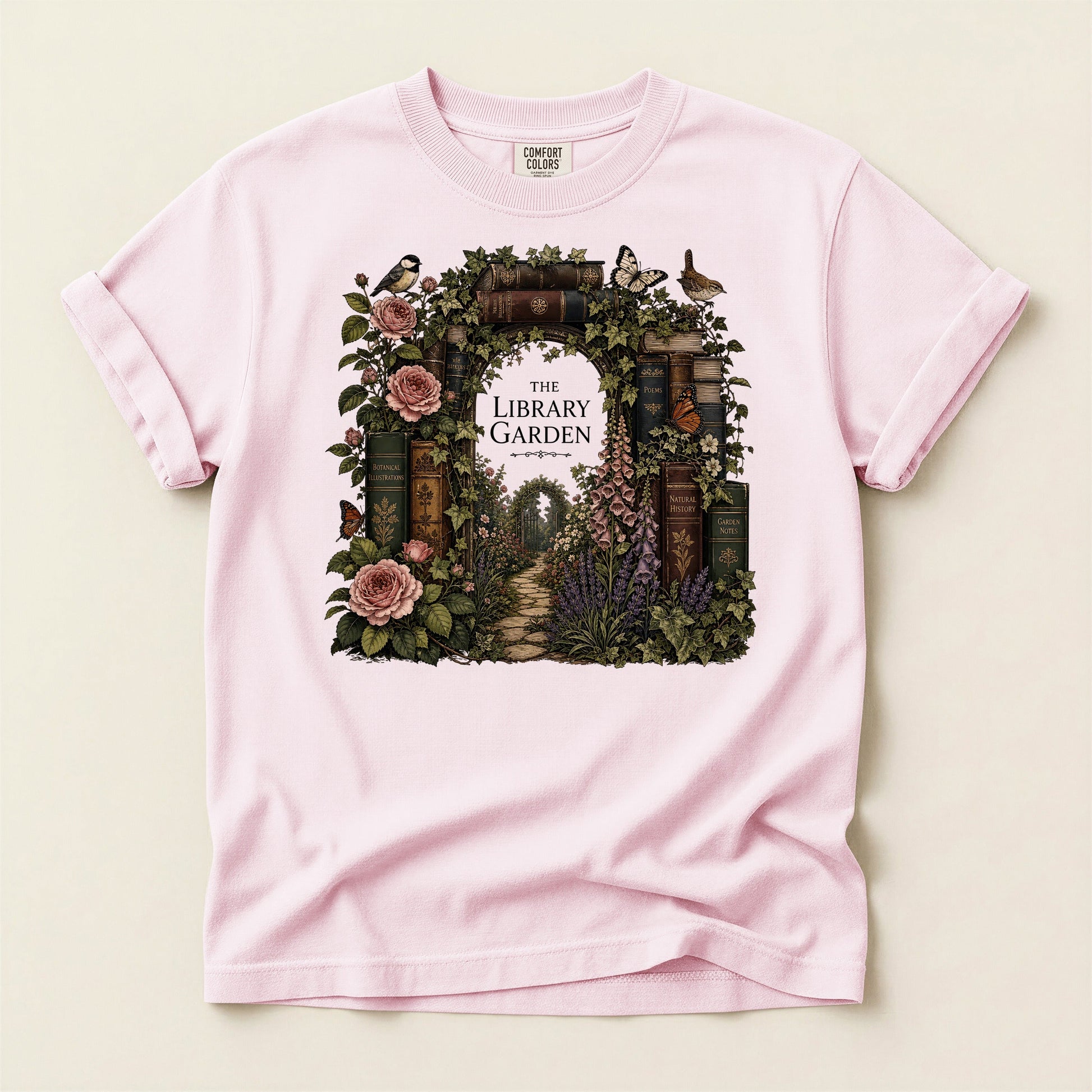 The Library Garden bookish tee in Blossom, full flat