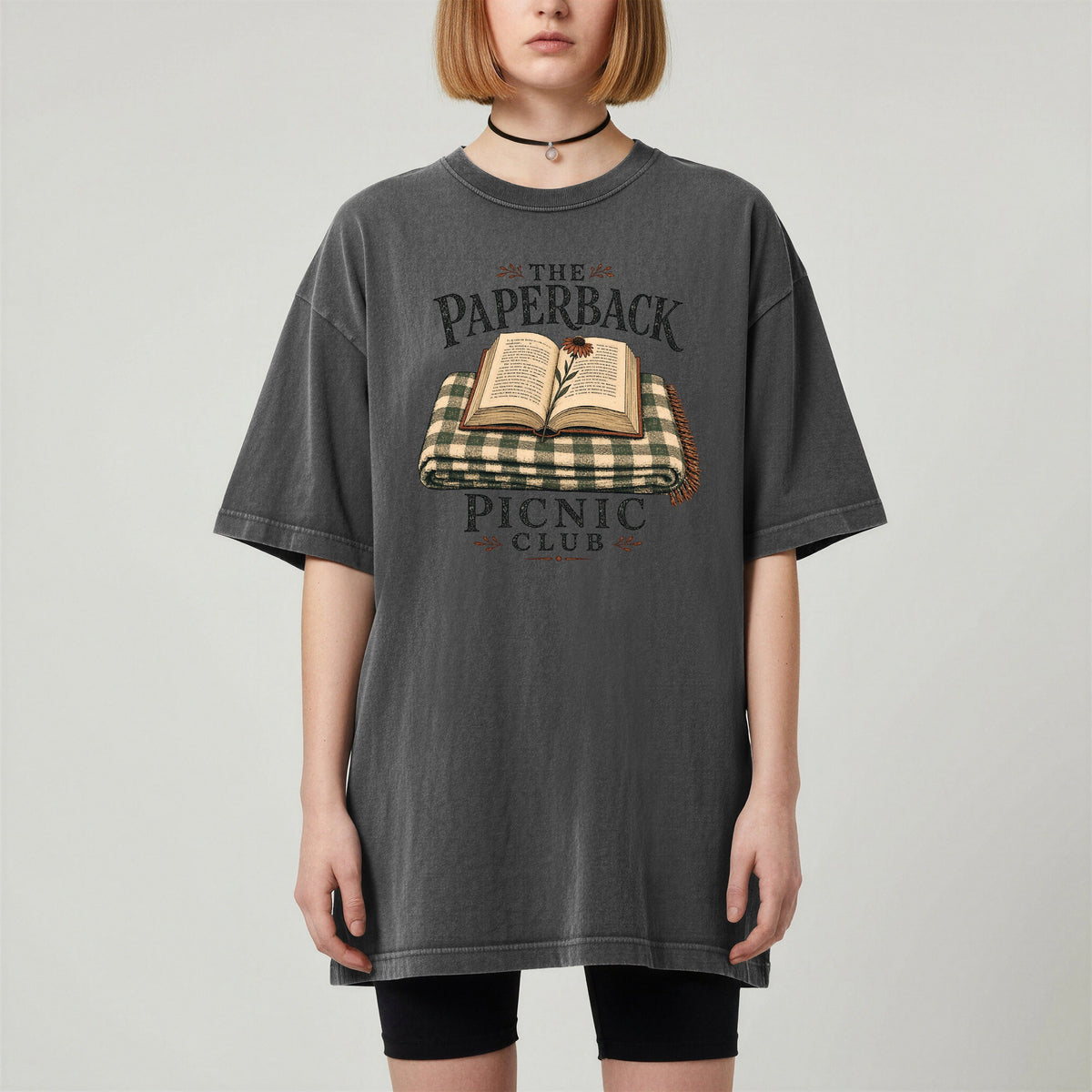 Shelf Love Studio The Paperback Picnic Club t-shirt in Pepper, worn