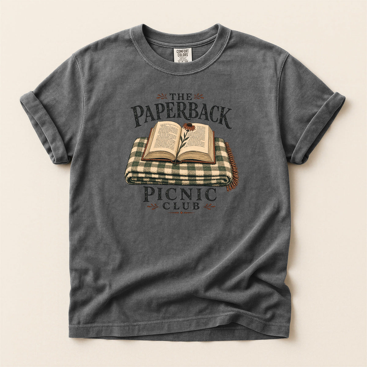 Shelf Love Studio The Paperback Picnic Club t-shirt in Pepper, flat