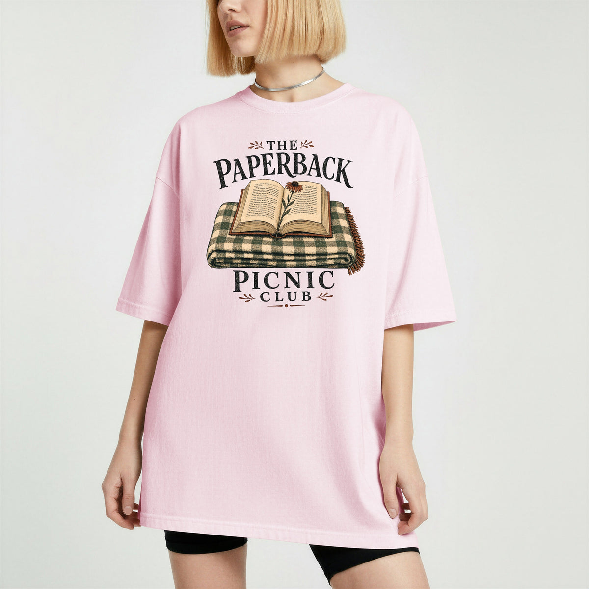 Shelf Love Studio The Paperback Picnic Club t-shirt in Blossom, worn