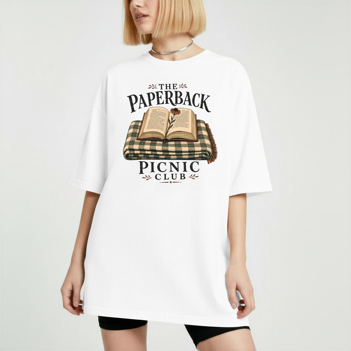 Shelf Love Studio The Paperback Picnic Club t-shirt in White, worn