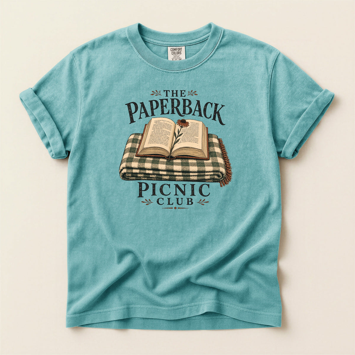 Shelf Love Studio The Paperback Picnic Club t-shirt in Seafoam, flat
