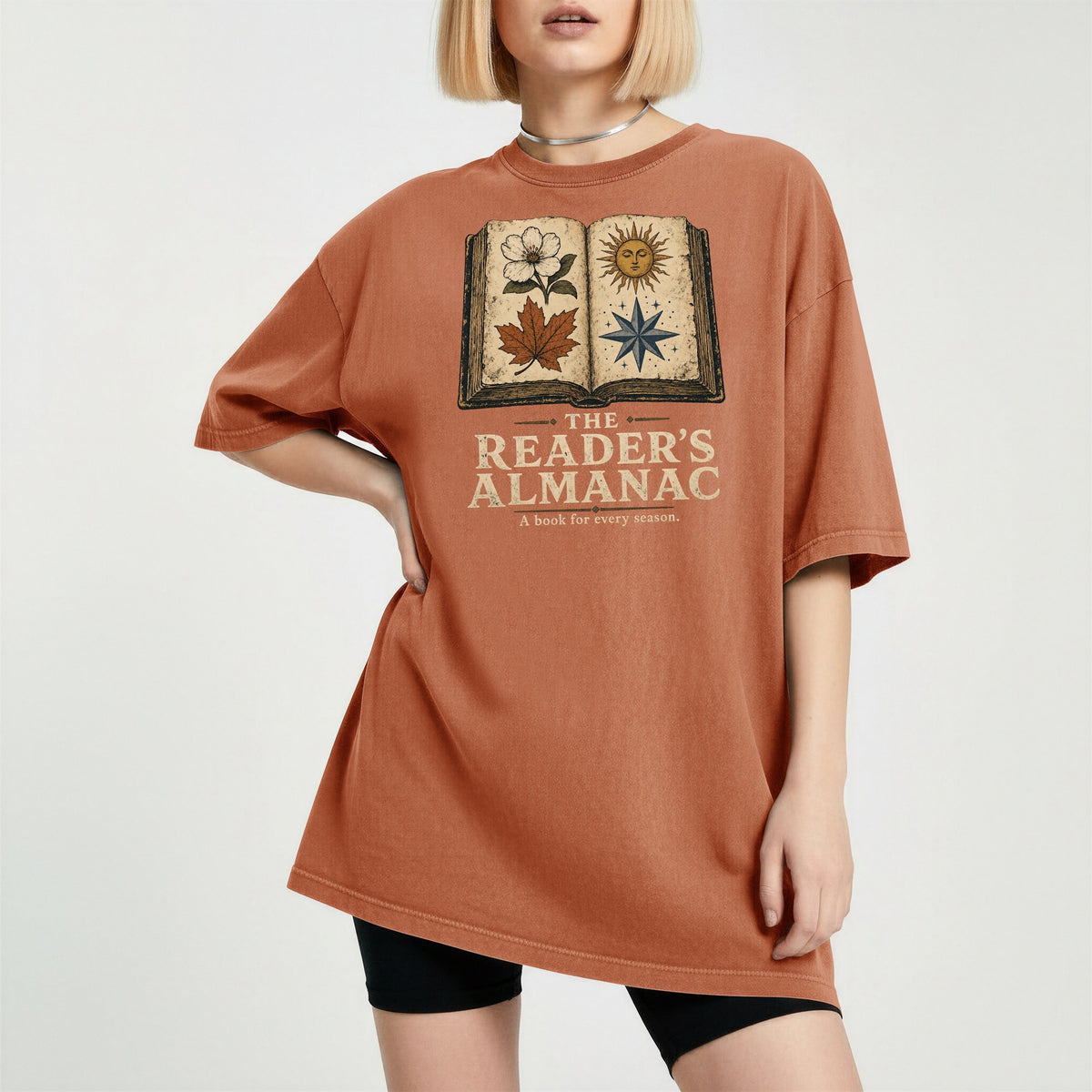 Shelf Love Studio The Reader's Almanac t-shirt in Yam, worn
