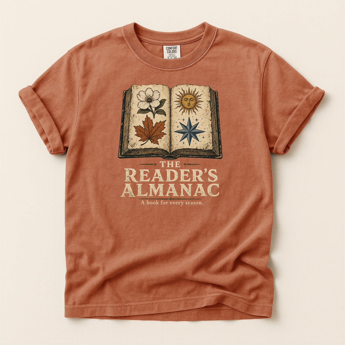 Shelf Love Studio The Reader's Almanac t-shirt in Yam, flat