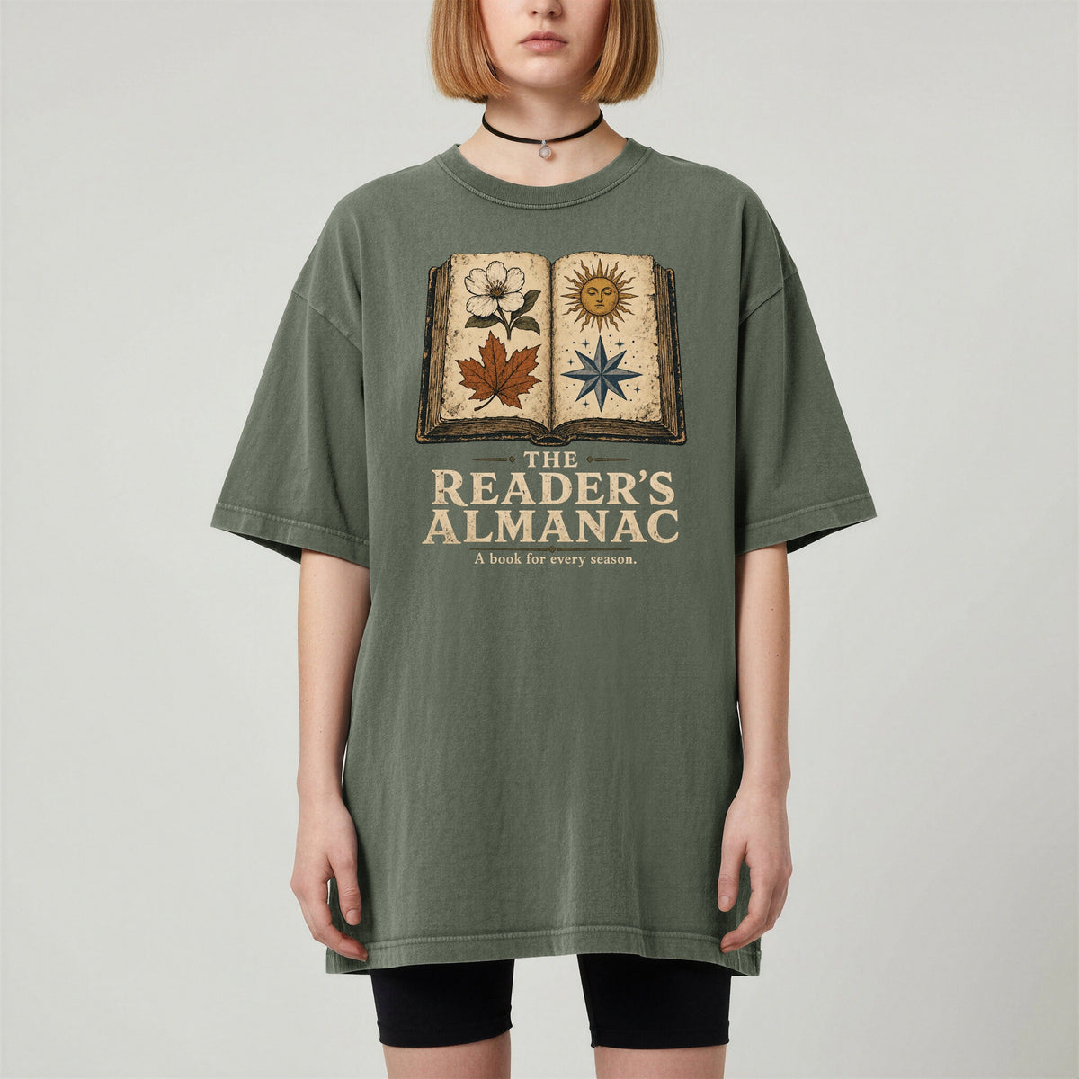 Shelf Love Studio The Reader's Almanac t-shirt in Moss, worn