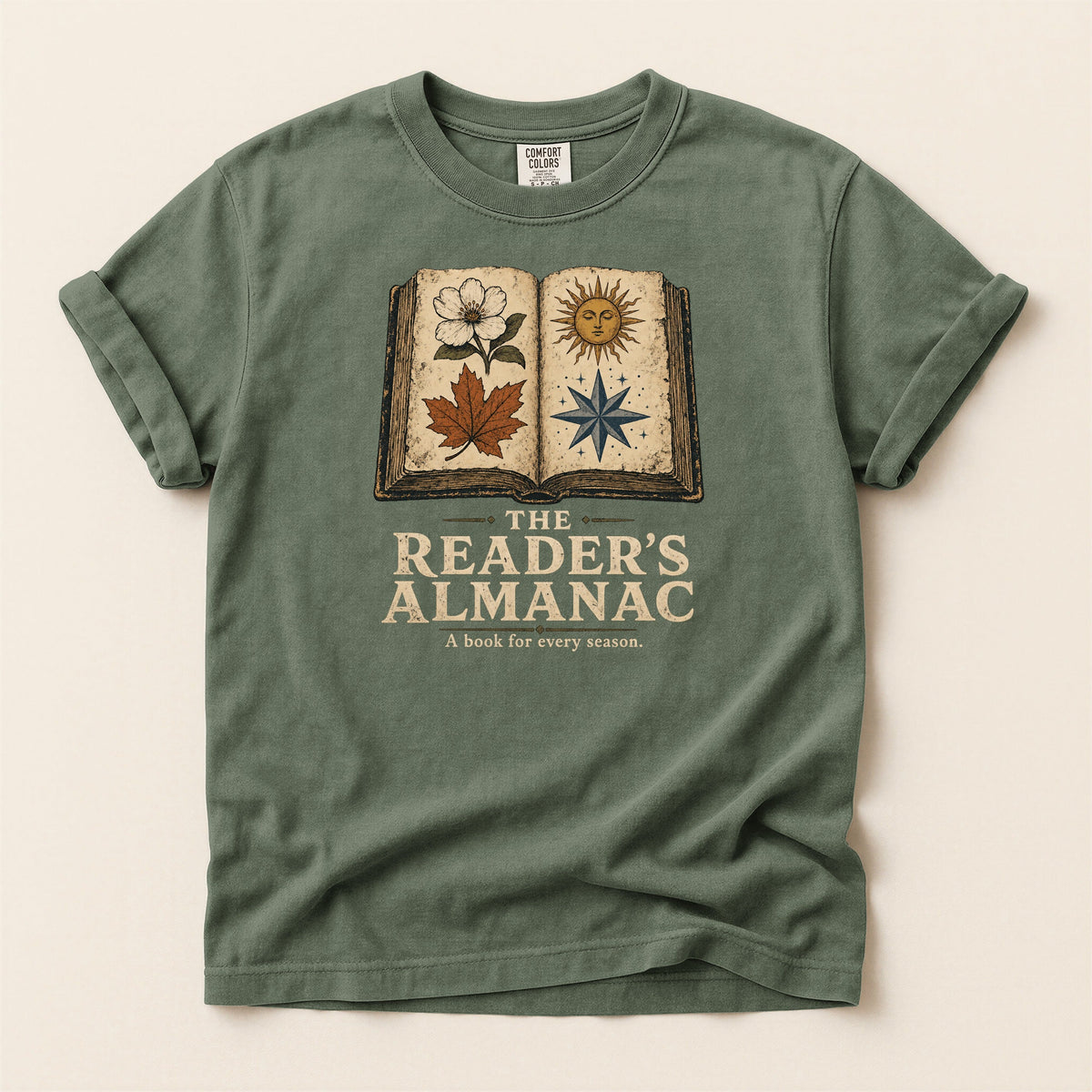 Shelf Love Studio The Reader's Almanac t-shirt in Moss, flat