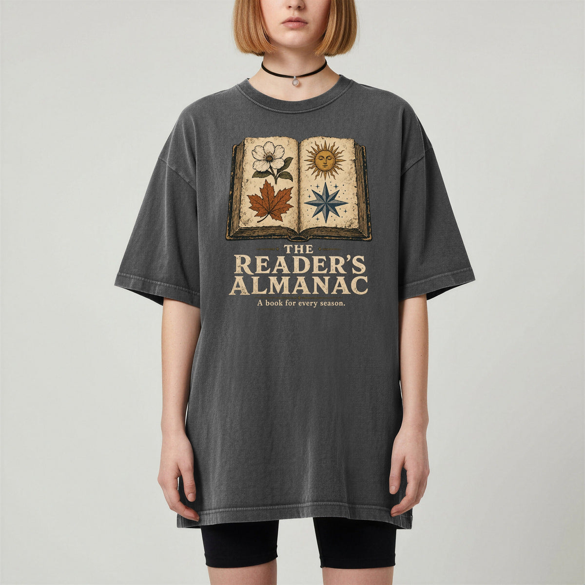 Shelf Love Studio The Reader's Almanac t-shirt in Pepper, worn