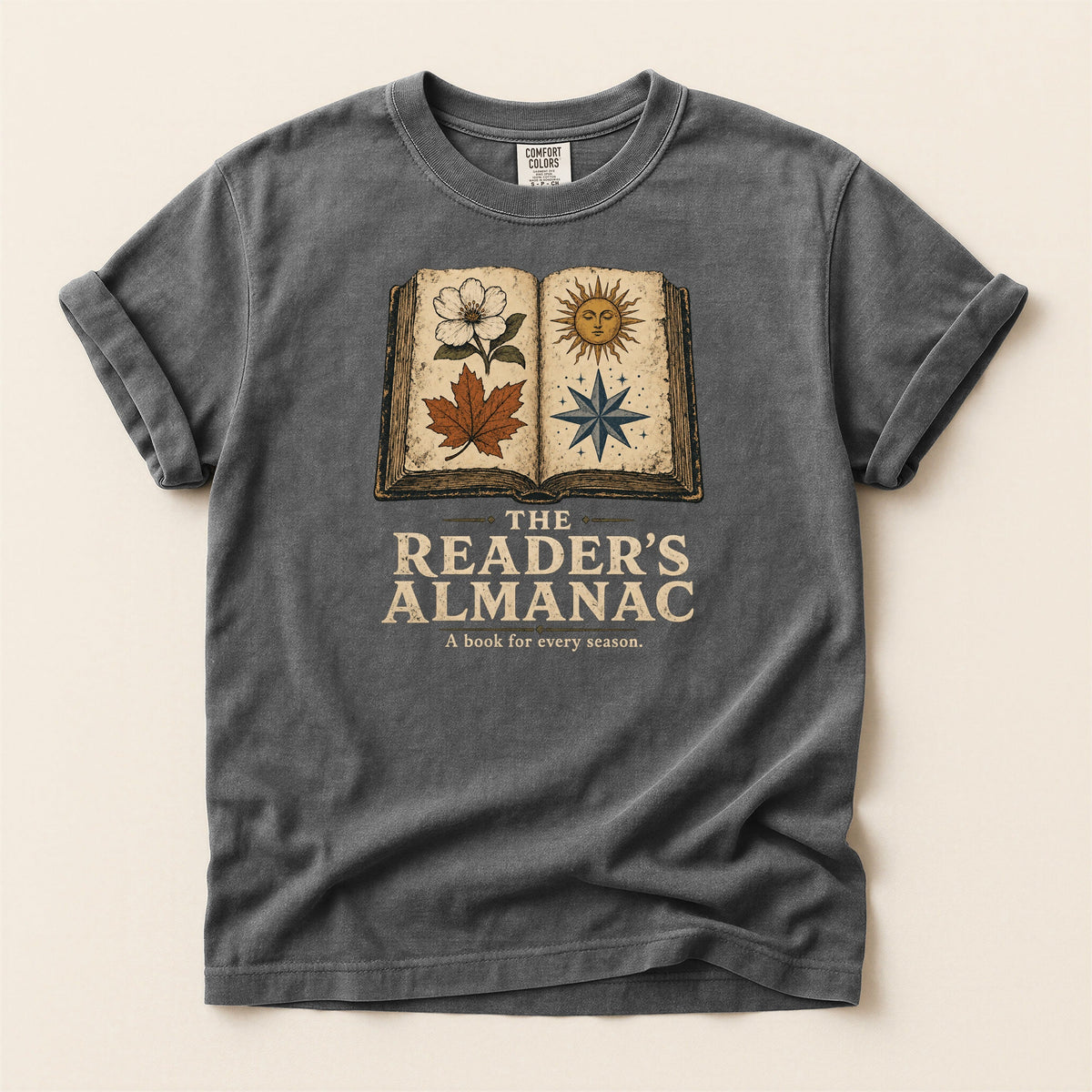 Shelf Love Studio The Reader's Almanac t-shirt in Pepper, flat