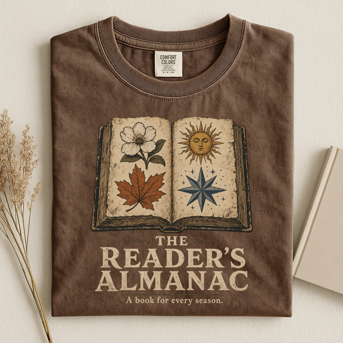 Shelf Love Studio The Reader's Almanac t-shirt in Espresso, styled flat lay