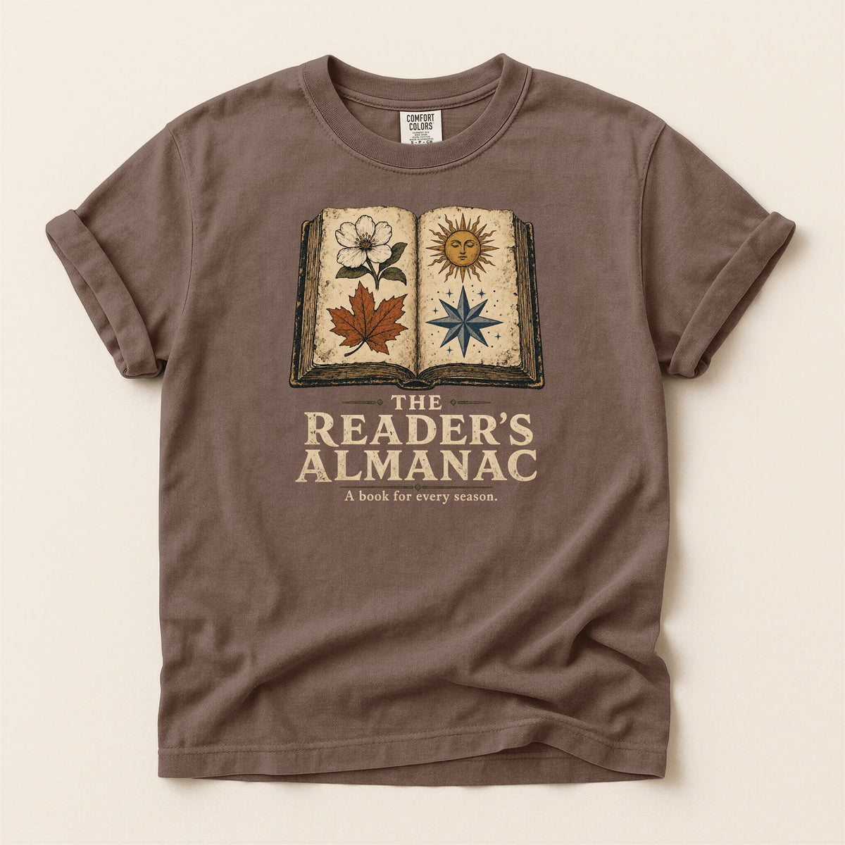 Shelf Love Studio The Reader's Almanac t-shirt in Espresso, flat