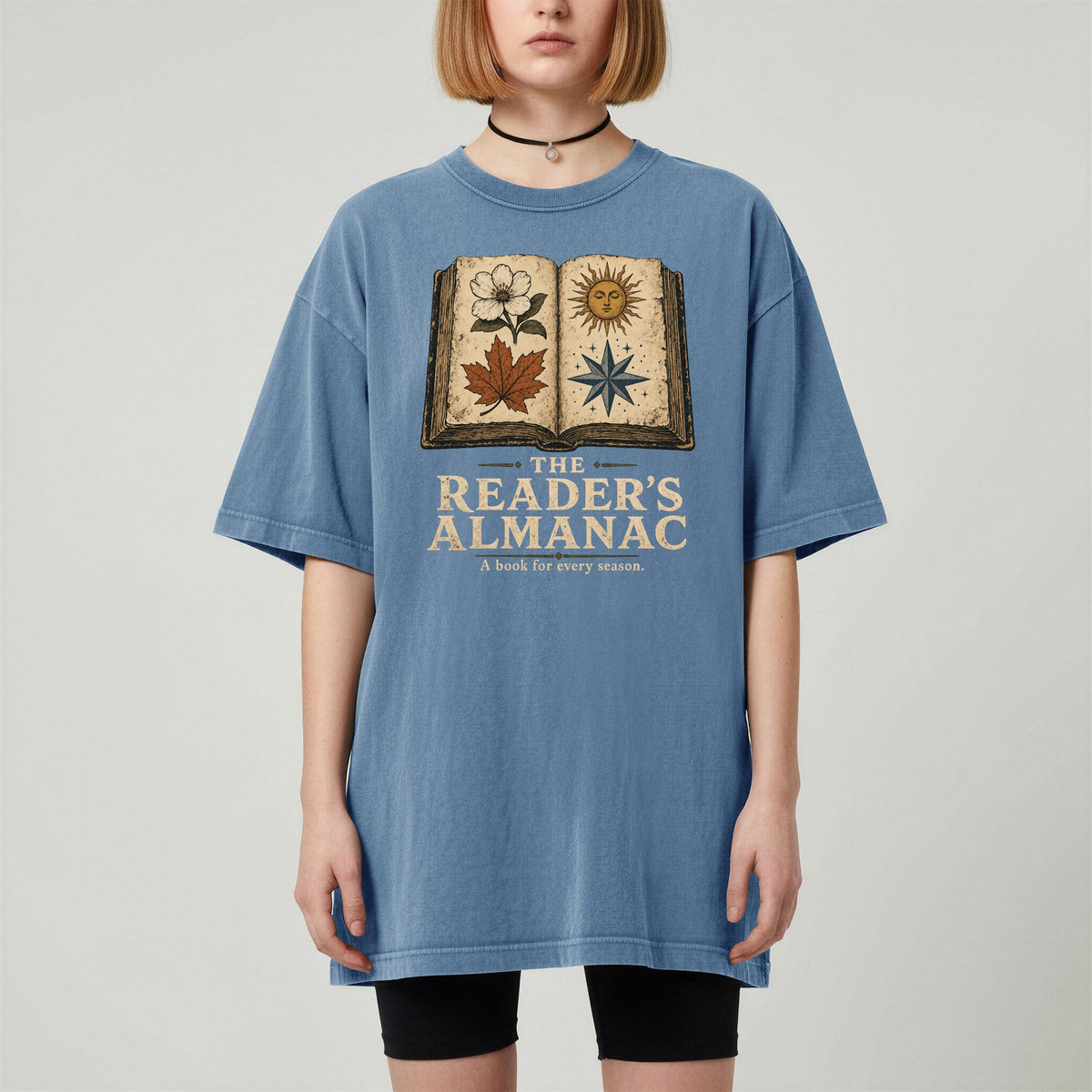Shelf Love Studio The Reader's Almanac t-shirt in Blue Jean, worn