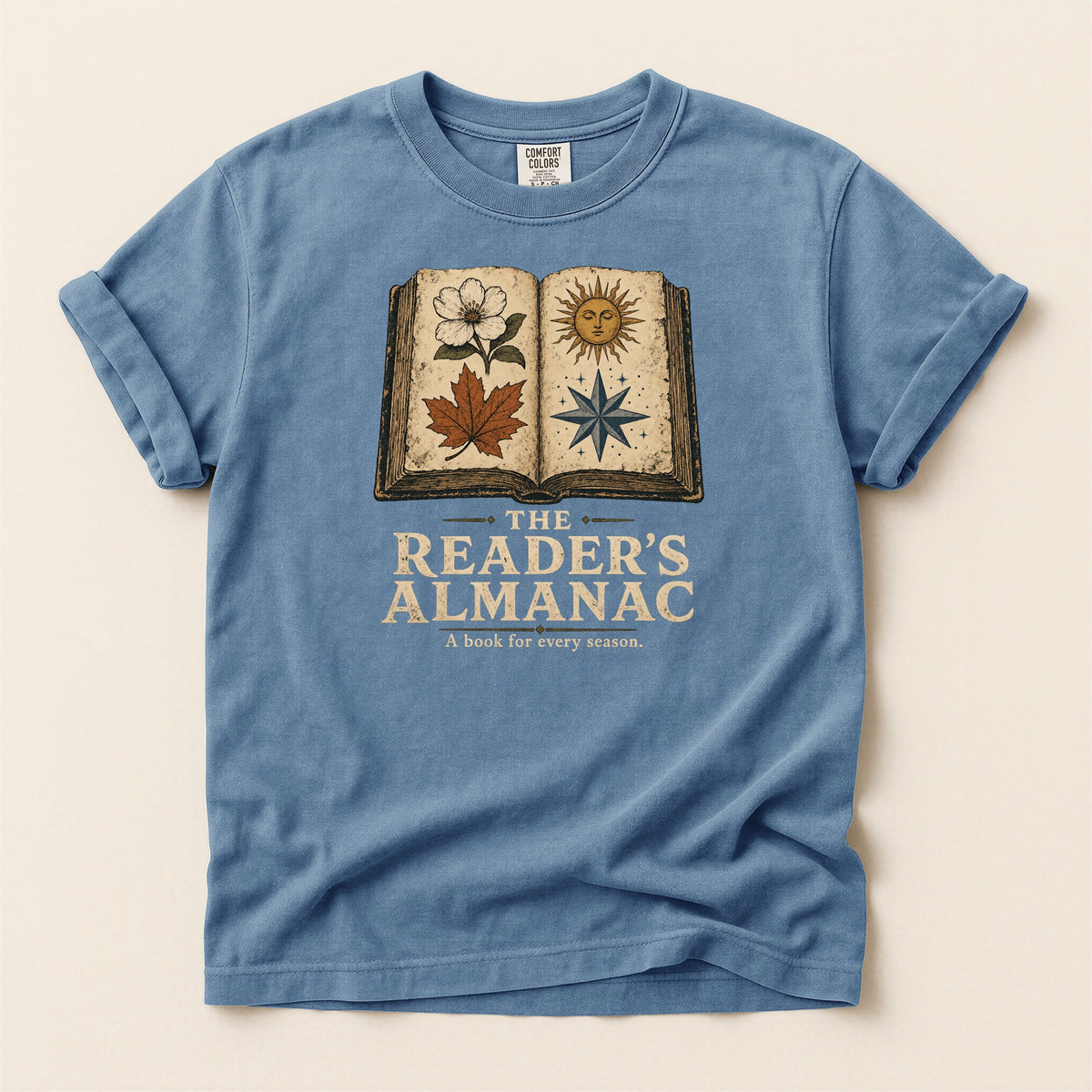 Shelf Love Studio The Reader's Almanac t-shirt in Blue Jean, flat