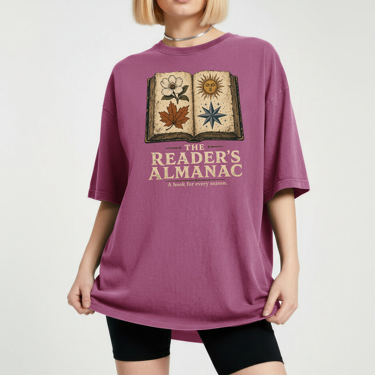 Shelf Love Studio The Reader's Almanac t-shirt in Berry, worn