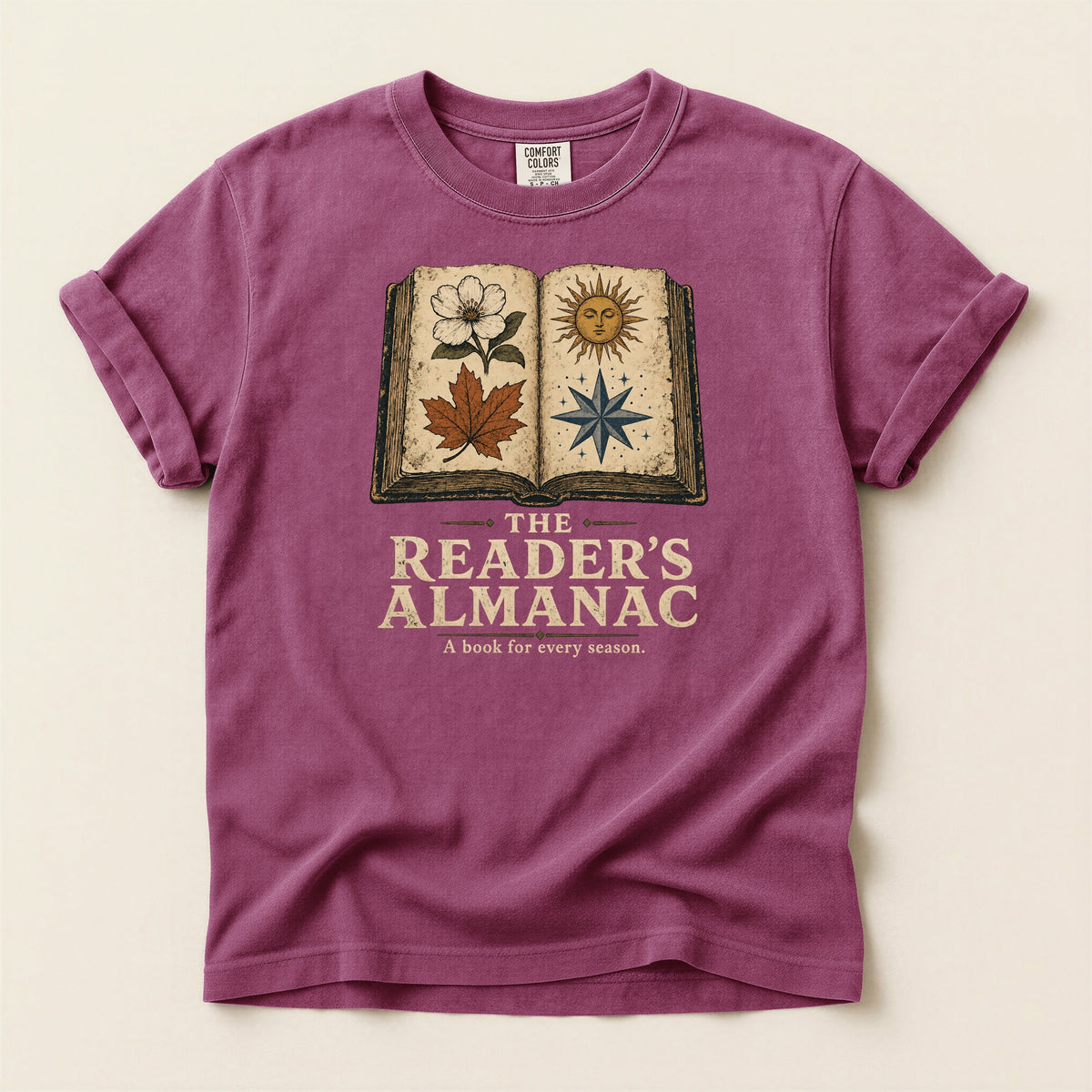 Shelf Love Studio The Reader's Almanac t-shirt in Berry, flat