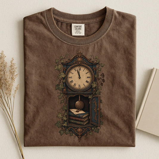 The Reading Hour bookish tee in Espresso, flat lay