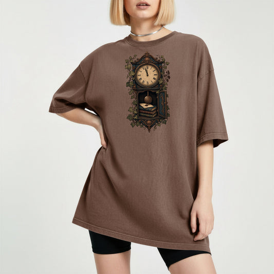 The Reading Hour bookish tee in Espresso, worn