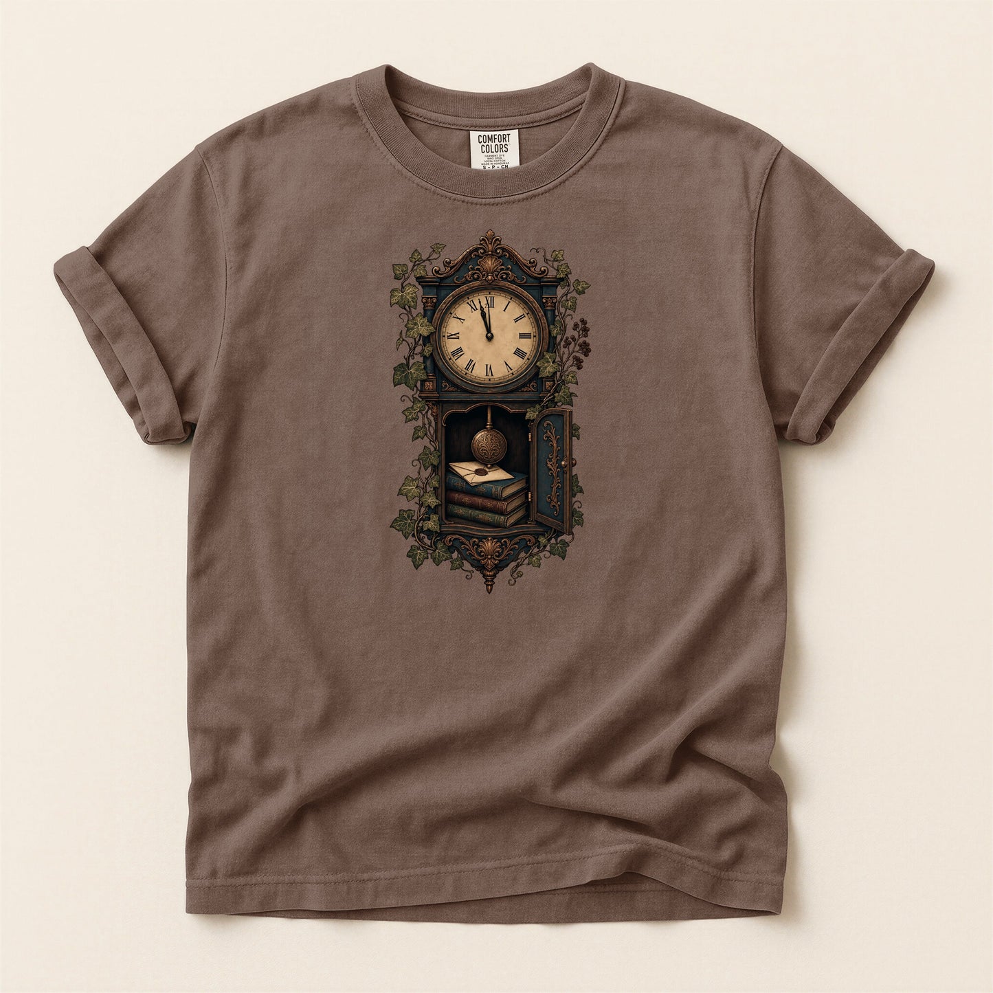 The Reading Hour bookish tee in Espresso, full flat