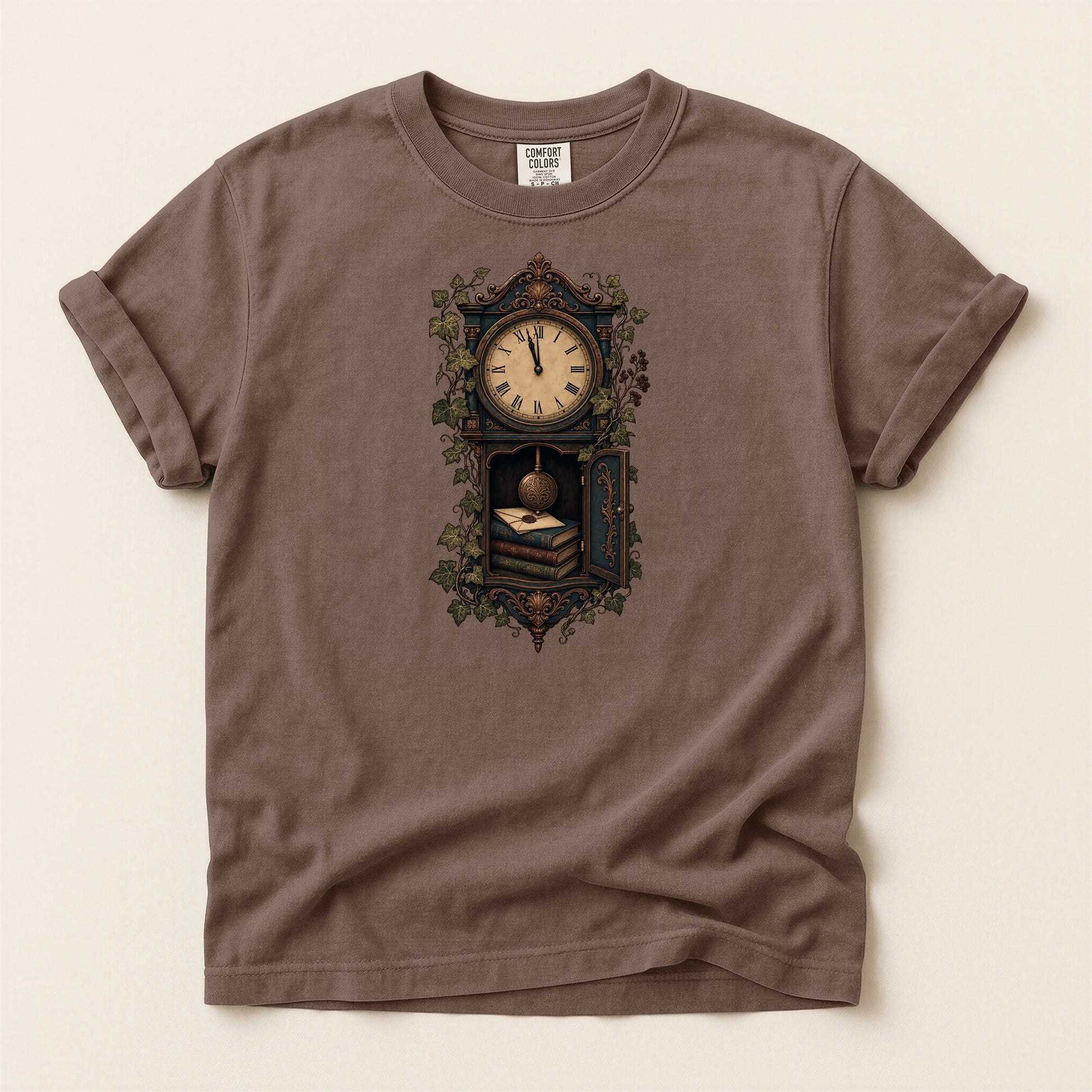 The Reading Hour bookish tee in Espresso, full flat
