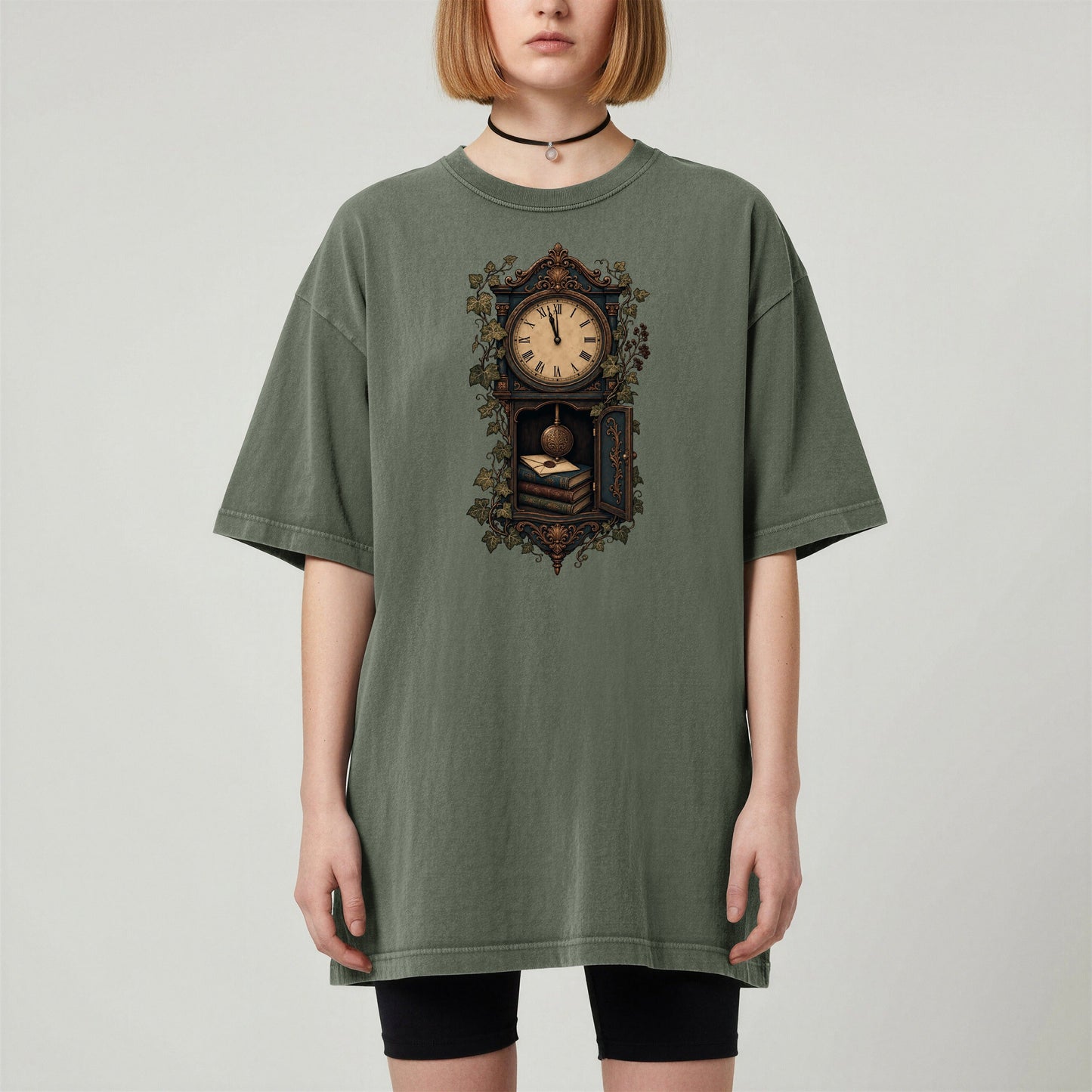 The Reading Hour bookish tee in Moss, worn