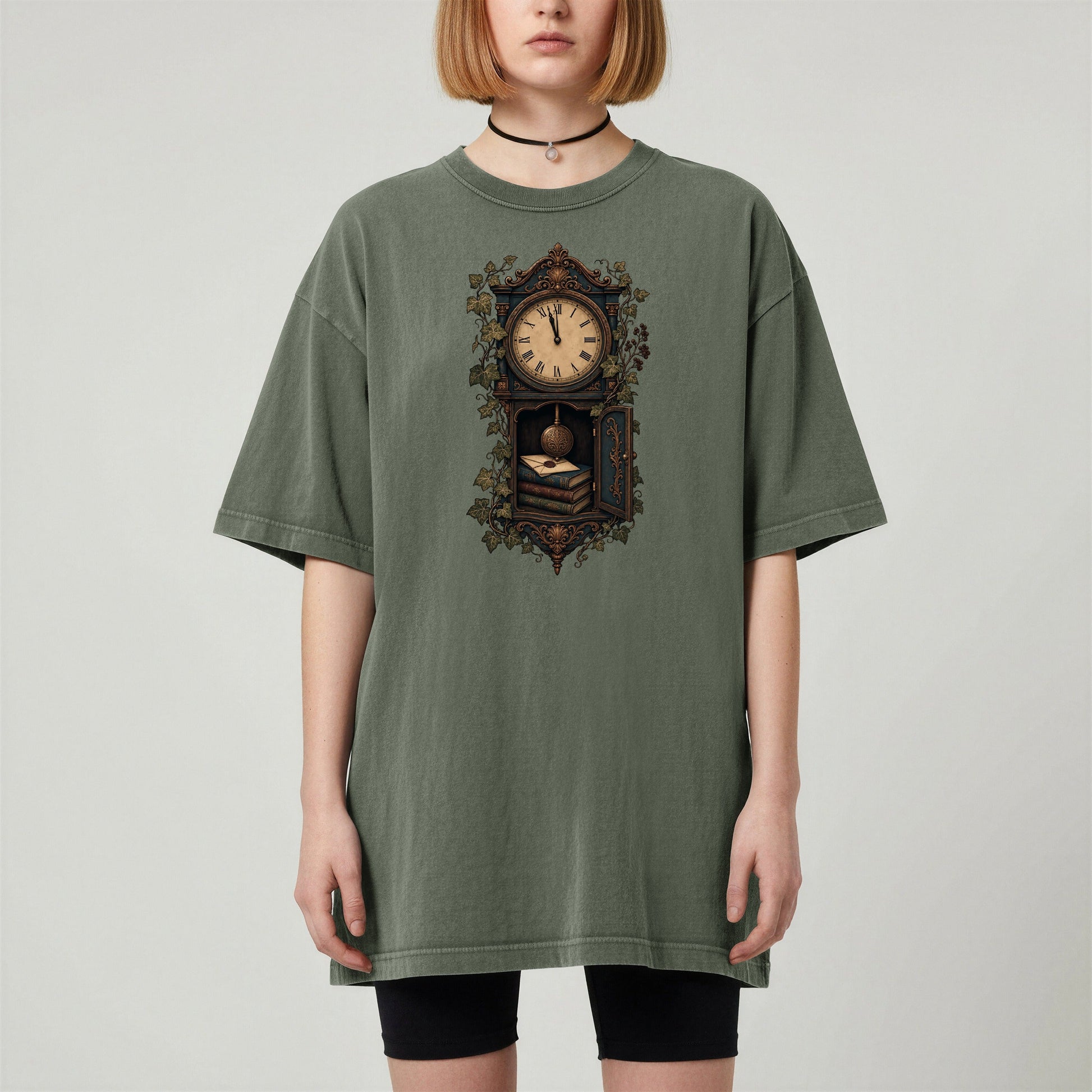 The Reading Hour bookish tee in Moss, worn