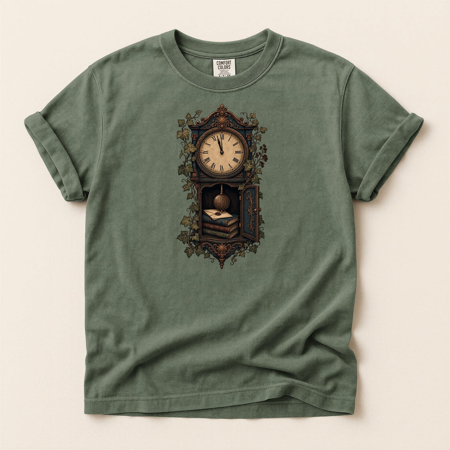 The Reading Hour bookish tee in Moss, full flat